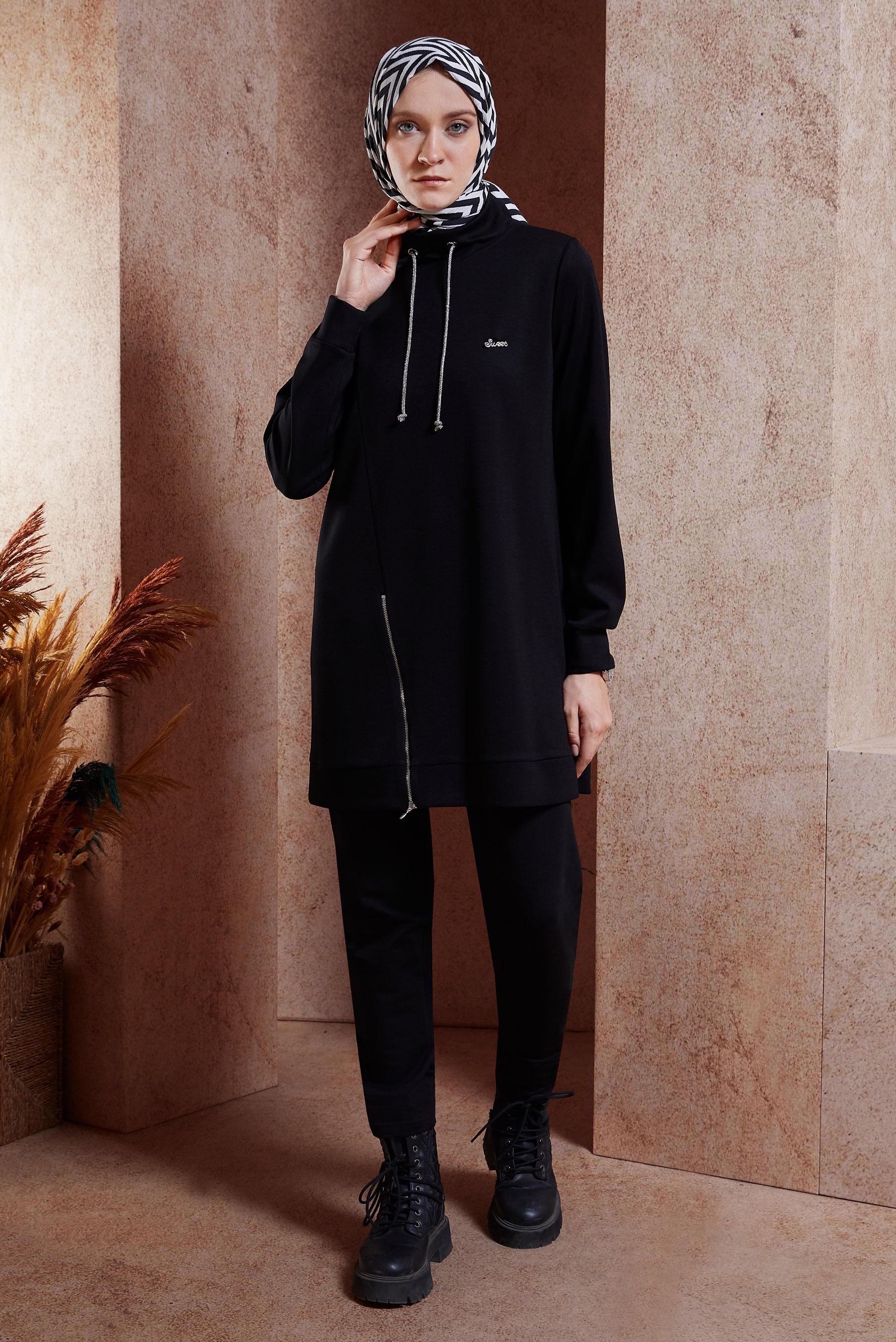 Tesettür giyim SİYAH FERMUAR DETAYLI EŞOFMAN TUNİK 45093