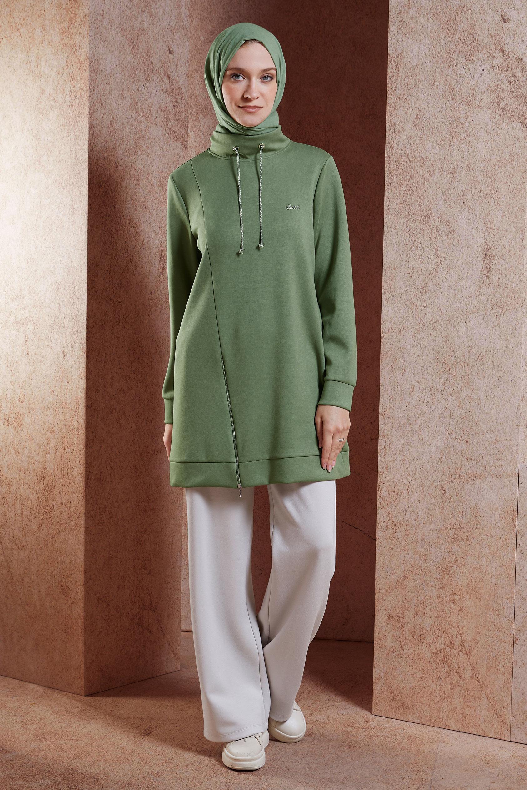 Tesettür giyim HAKİ FERMUAR DETAYLI EŞOFMAN TUNİK 45093