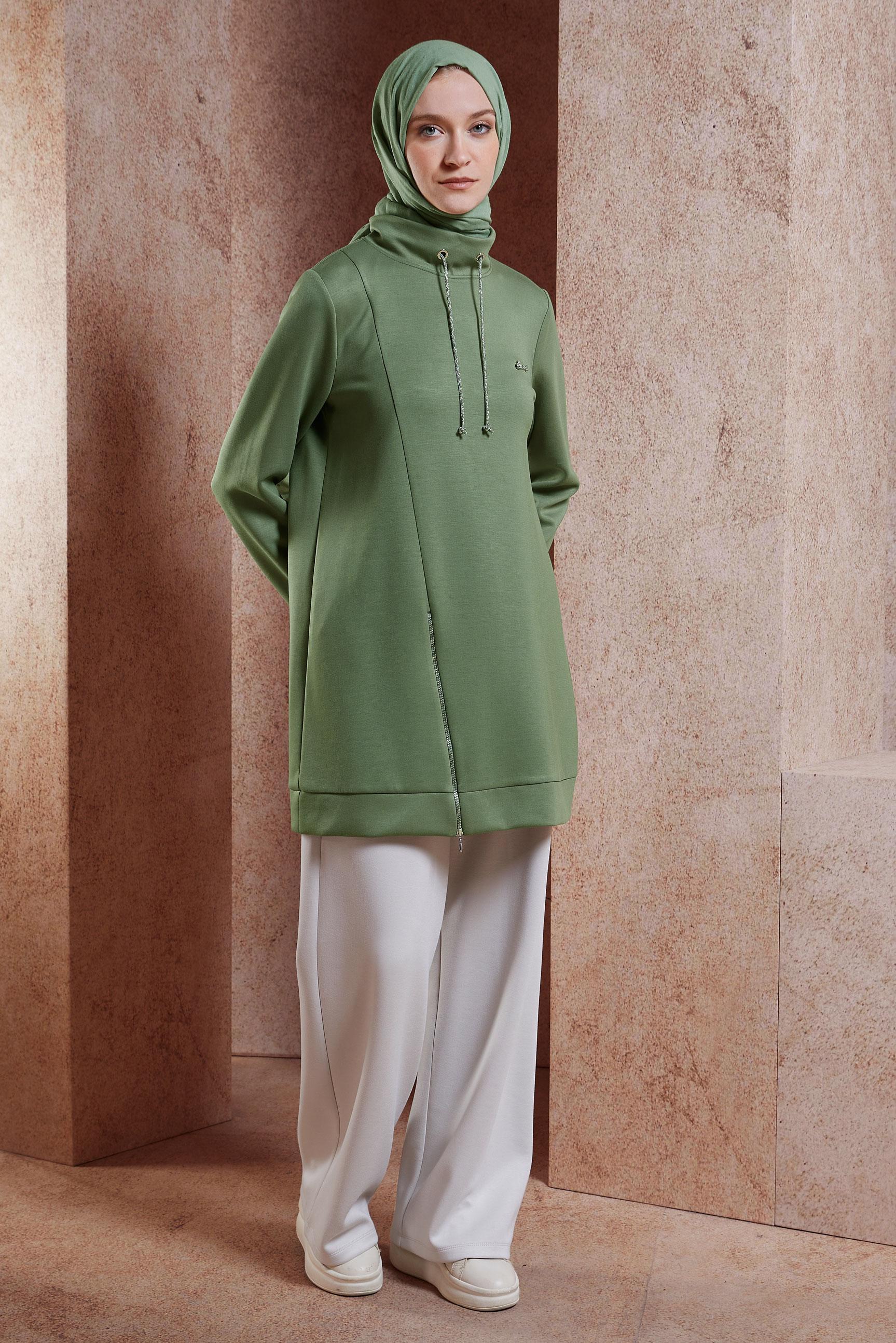 Tesettür giyim HAKİ FERMUAR DETAYLI EŞOFMAN TUNİK 45093