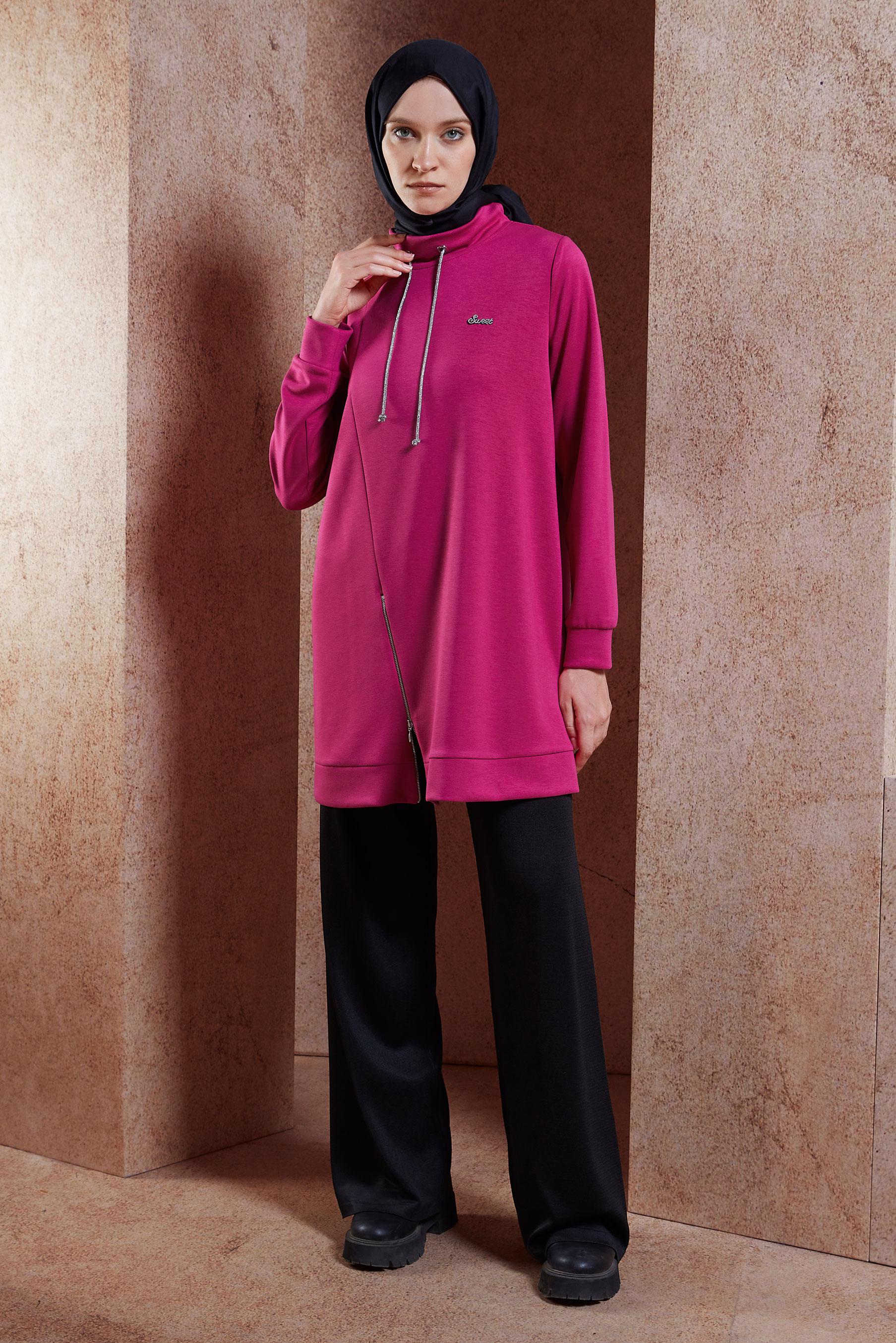 Tesettür giyim FUŞYA FERMUAR DETAYLI EŞOFMAN TUNİK 45093