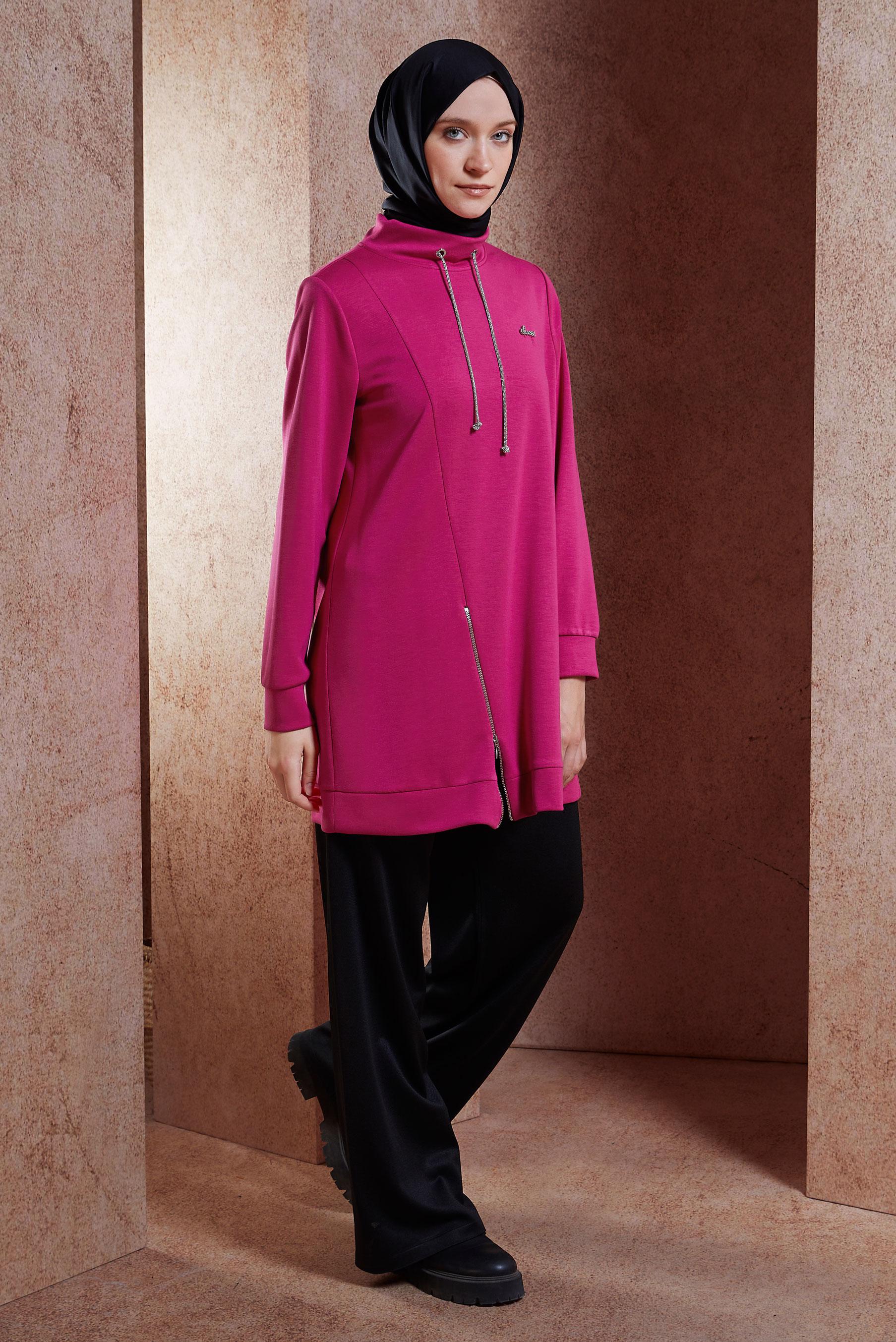 Tesettür giyim FUŞYA FERMUAR DETAYLI EŞOFMAN TUNİK 45093