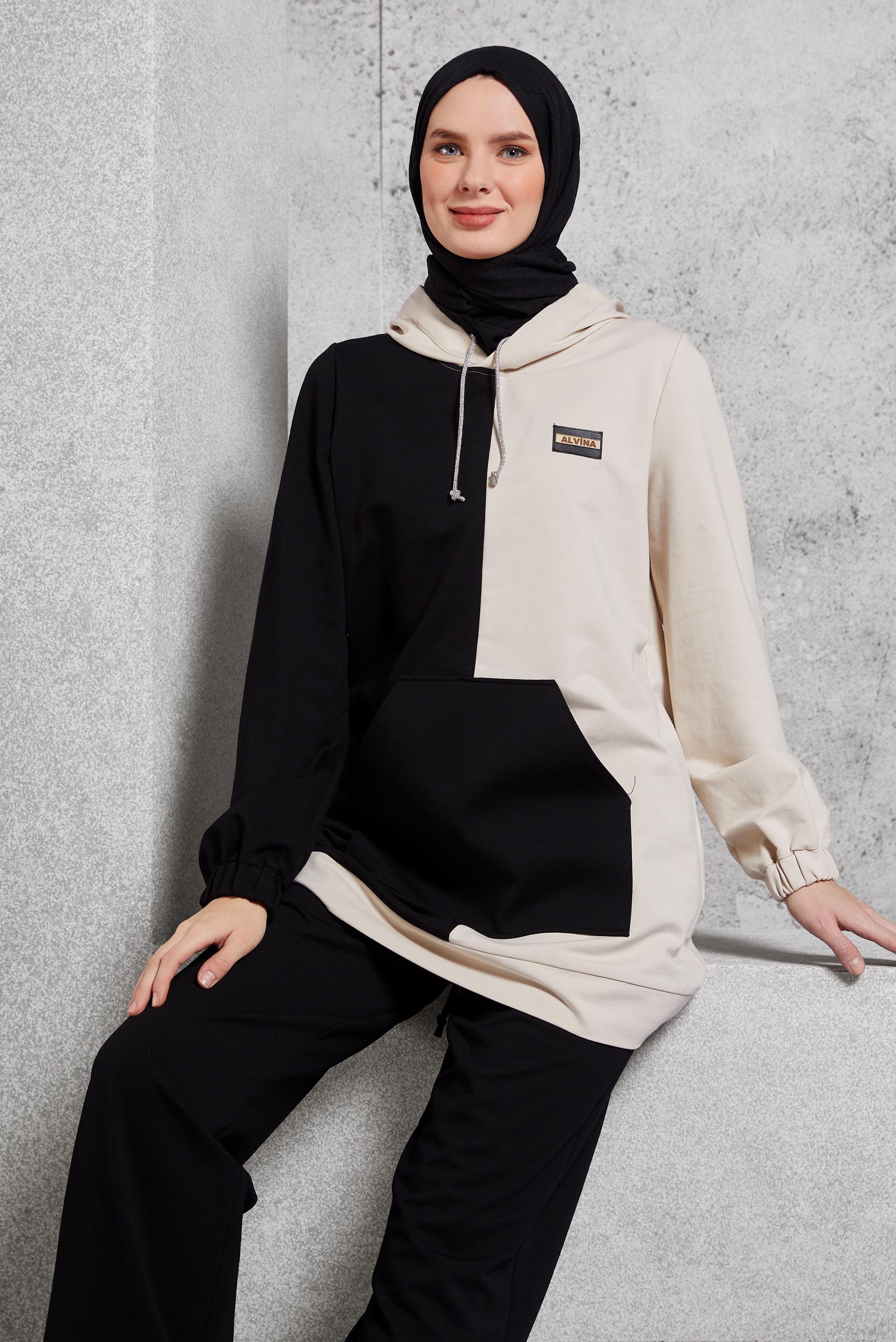 Tesettür giyim SİYAH İKİ RENKLİ PANTOLONLU EŞOFMAN TAKIMI 45095