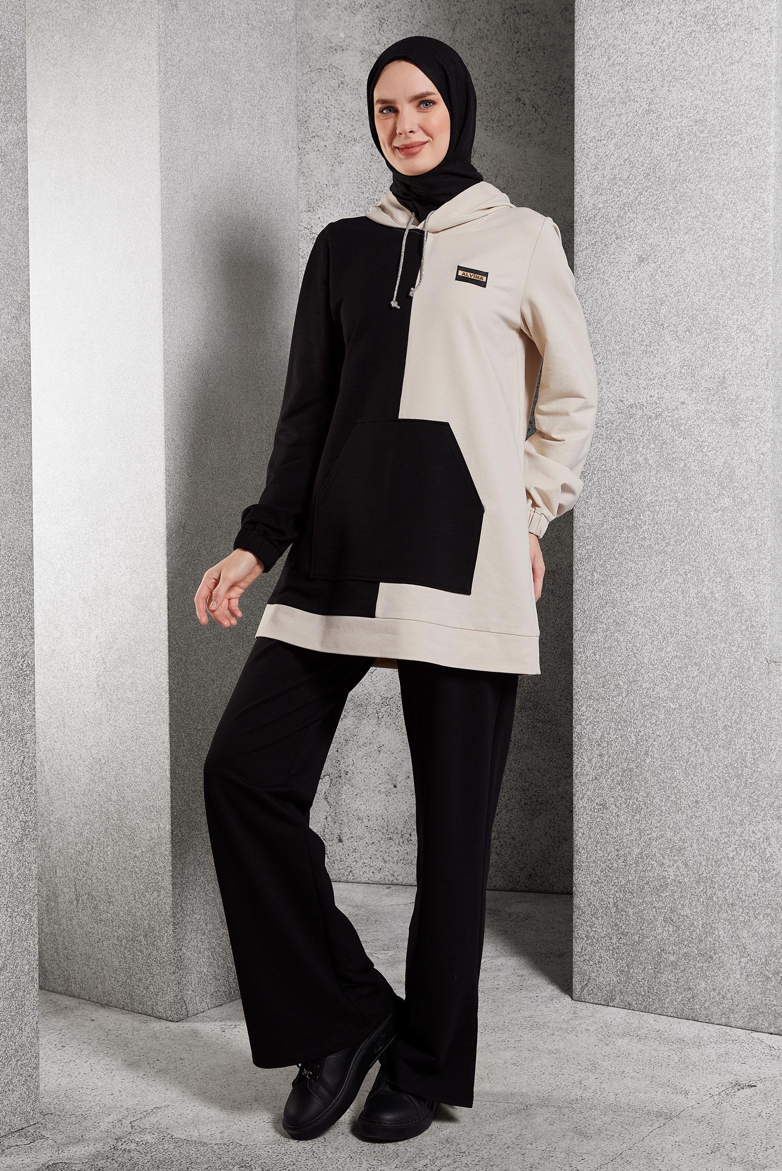 Tesettür giyim SİYAH İKİ RENKLİ PANTOLONLU EŞOFMAN TAKIMI 45095