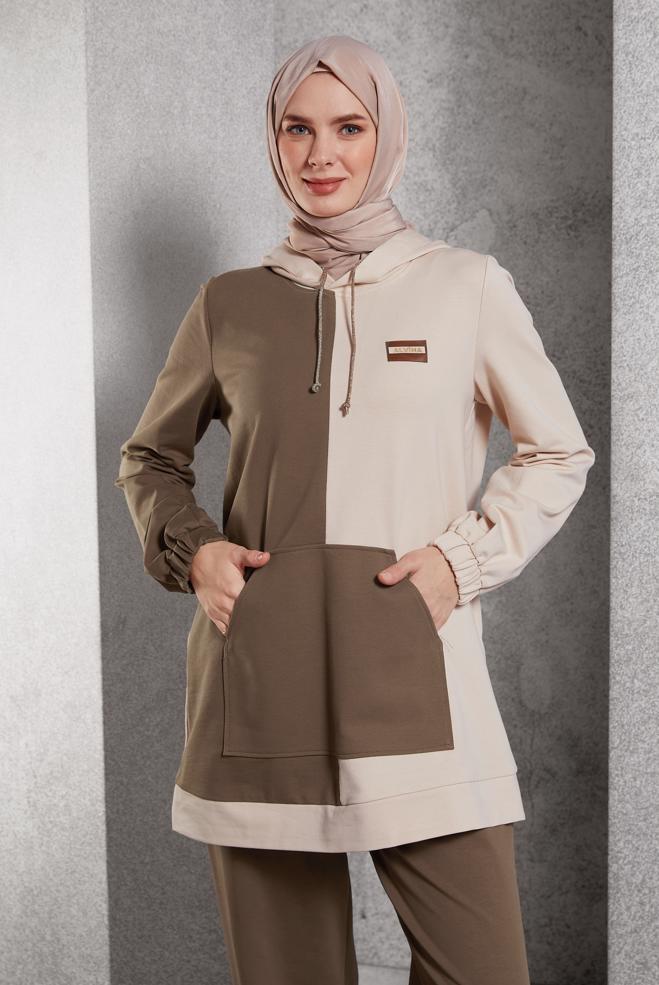 Vêtements hijab BRUN ENSEMBLE DE SURVÊTEMENT BICOLORE 45095 - ALVİNA
