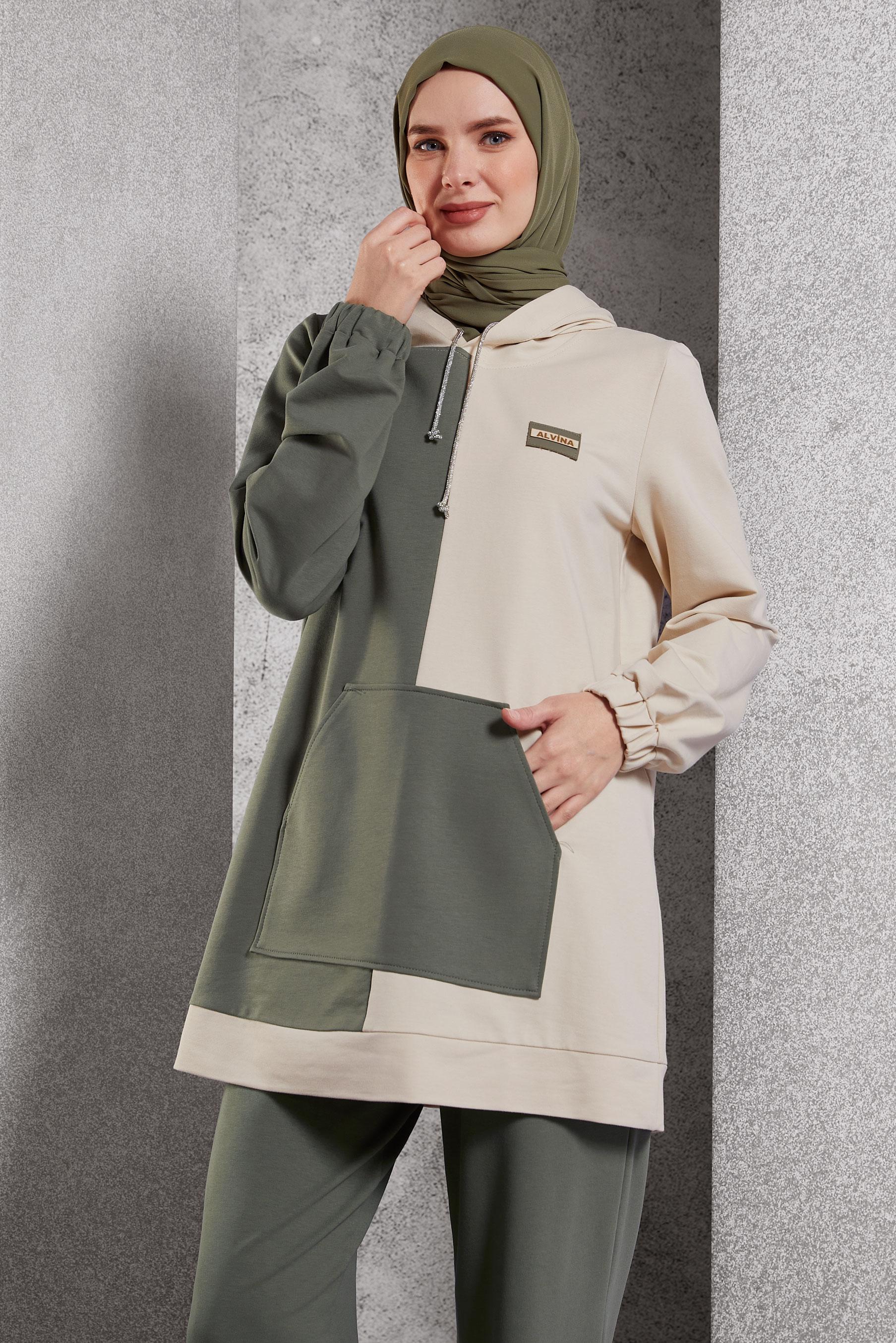 Tesettür giyim YEŞİL İKİ RENKLİ PANTOLONLU EŞOFMAN TAKIMI 45095