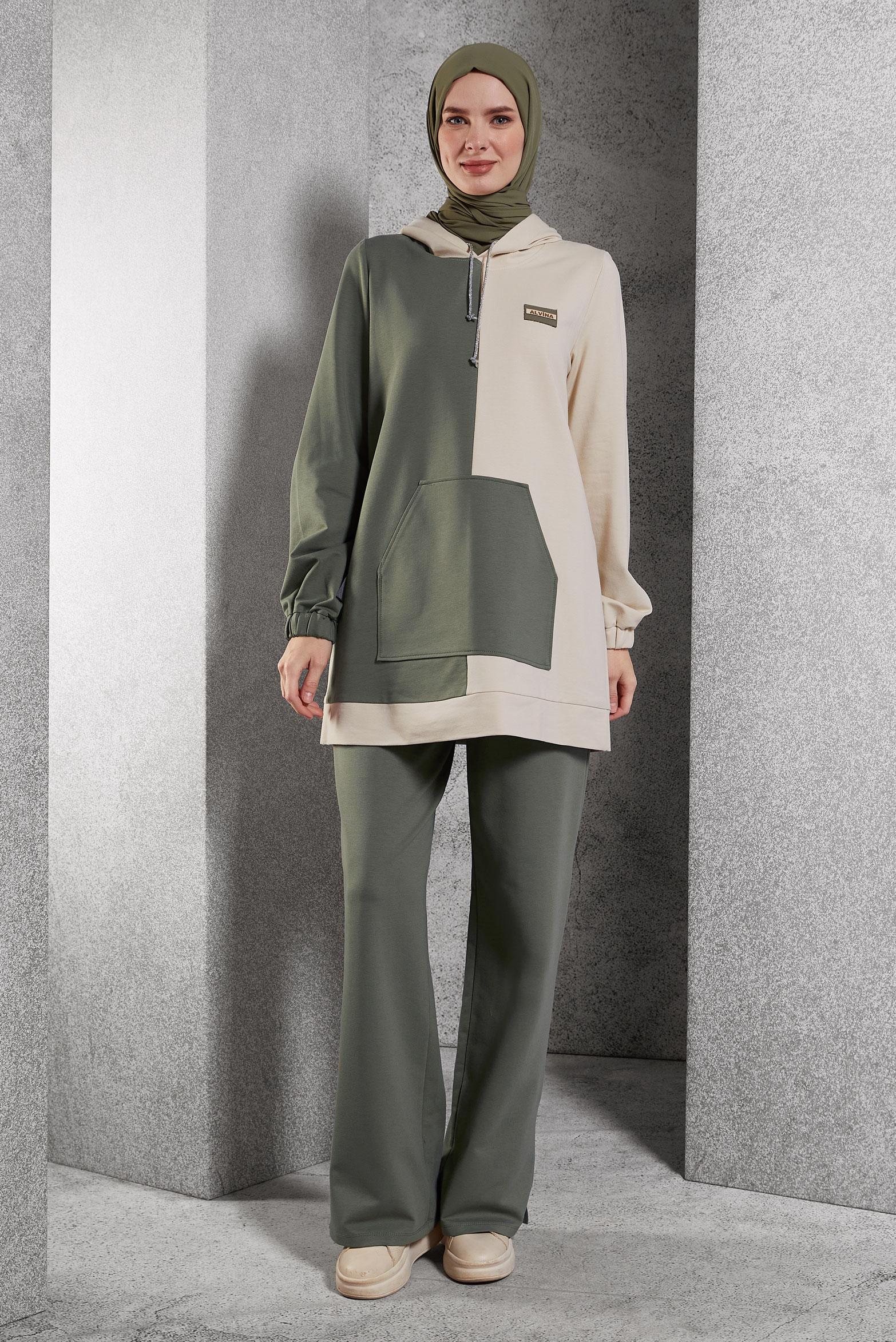 Tesettür giyim YEŞİL İKİ RENKLİ PANTOLONLU EŞOFMAN TAKIMI 45095