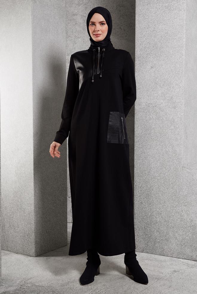 Vêtements hijab NOIR ROBE DE SURVÊTEMENT À COL FERMÉ À GLISSIÈRE 45099 - ALVİNA