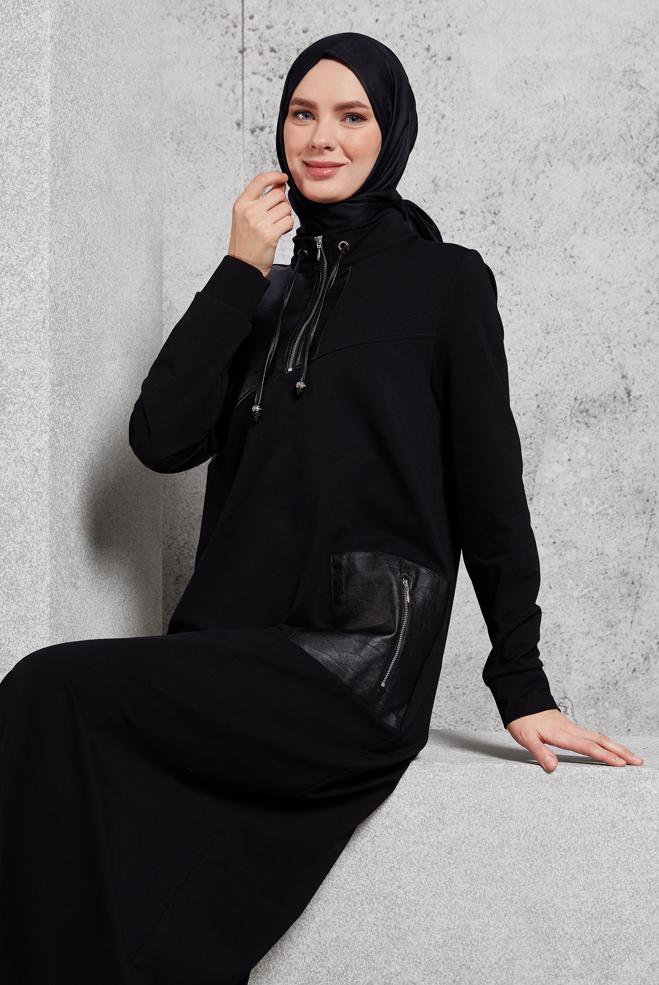 Vêtements hijab NOIR ROBE DE SURVÊTEMENT À COL FERMÉ À GLISSIÈRE 45099 - ALVİNA