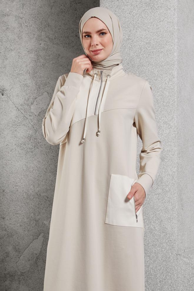 Vêtements hijab BEIGE ROBE DE SURVÊTEMENT À COL FERMÉ À GLISSIÈRE 45099 - ALVİNA