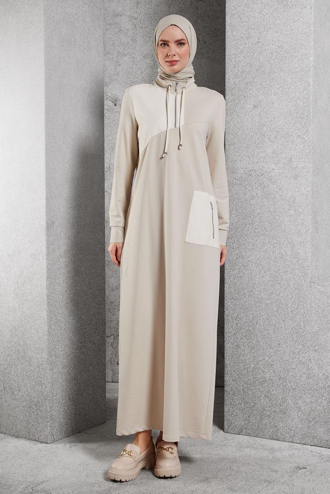 Vêtements hijab BEIGE ROBE DE SURVÊTEMENT À COL FERMÉ À GLISSIÈRE 45099 - ALVİNA