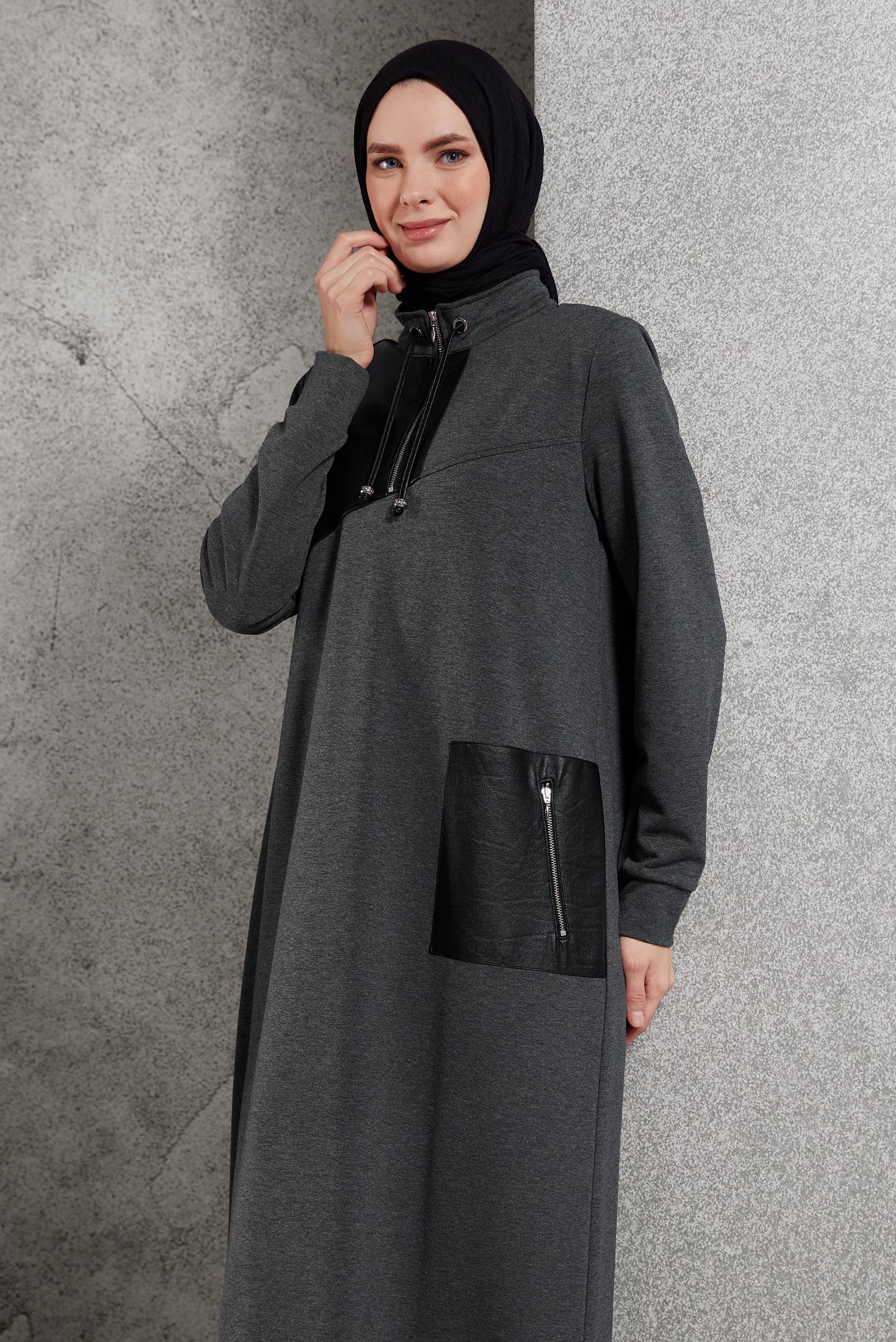Vêtements hijab GRIS ROBE DE SURVÊTEMENT À COL FERMÉ À GLISSIÈRE 45099