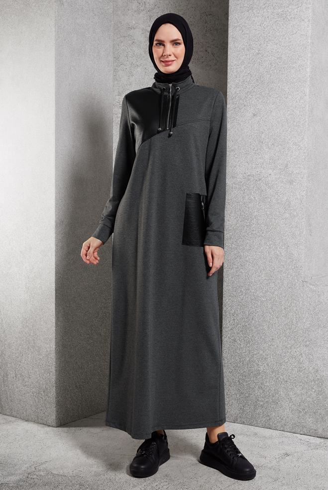 Vêtements hijab GRIS ROBE DE SURVÊTEMENT À COL FERMÉ À GLISSIÈRE 45099 - ALVİNA