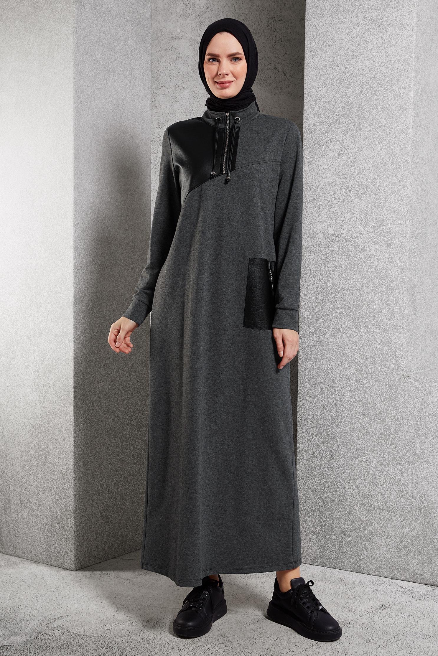 Vêtements hijab GRIS ROBE DE SURVÊTEMENT À COL FERMÉ À GLISSIÈRE 45099