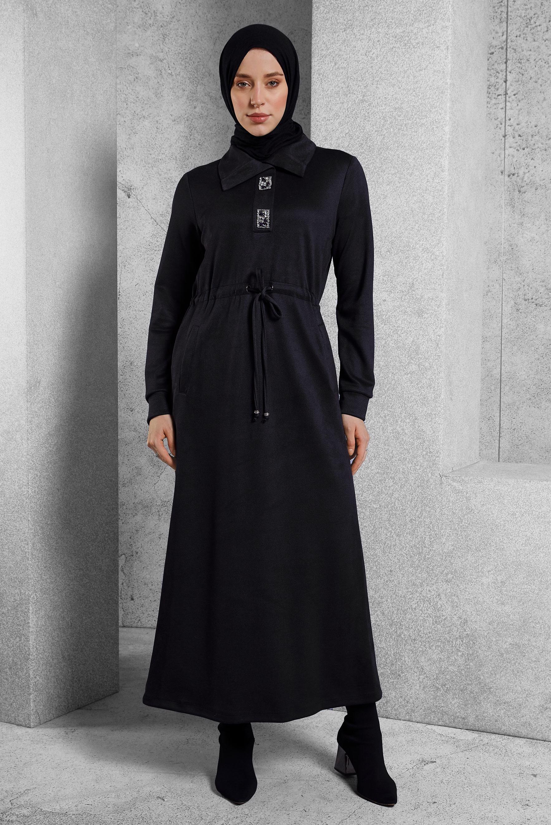 Tesettür giyim SİYAH TAŞLI EŞOFMAN ELBİSE 45107