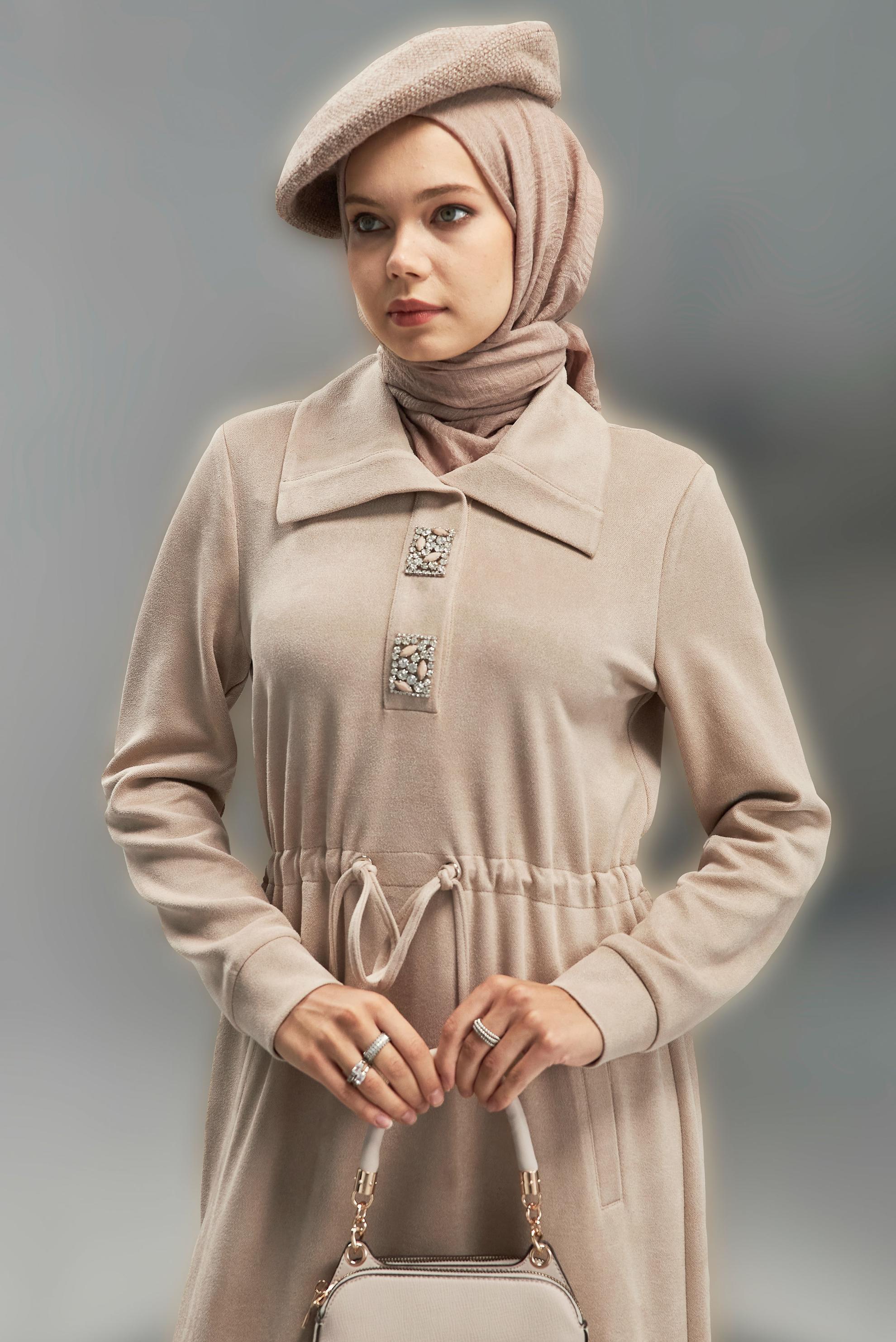 Tesettür giyim BEJ TAŞLI EŞOFMAN ELBİSE 45107