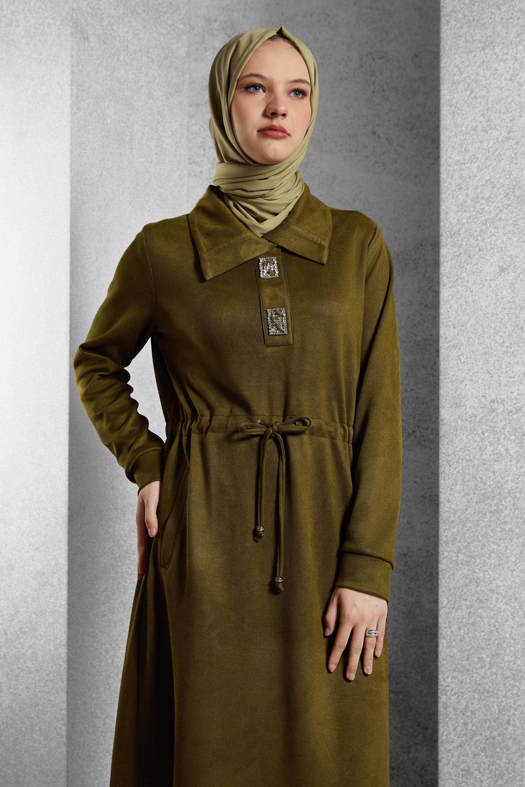 Tesettür giyim YEŞİL TAŞLI EŞOFMAN ELBİSE 45107