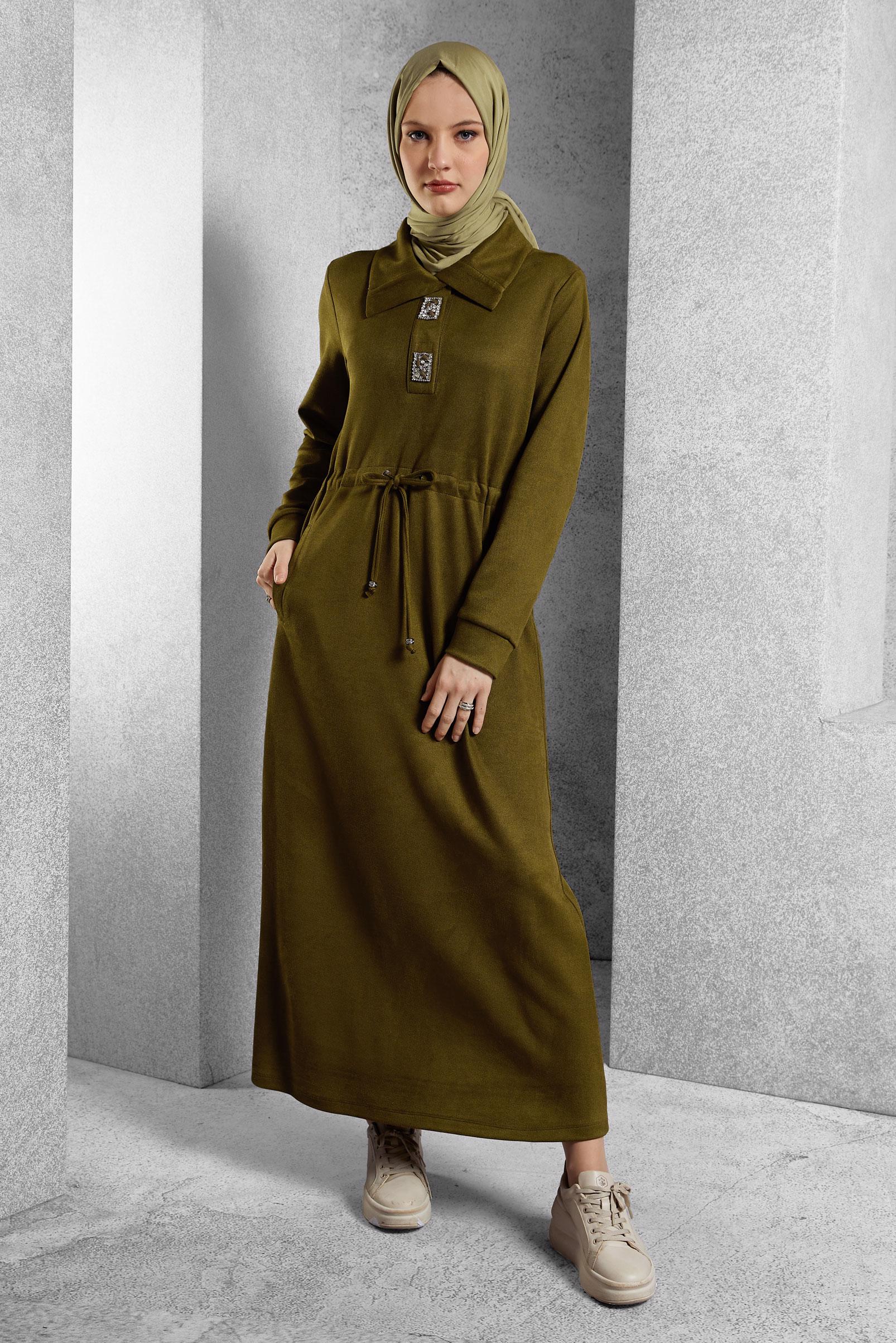 Tesettür giyim YEŞİL TAŞLI EŞOFMAN ELBİSE 45107
