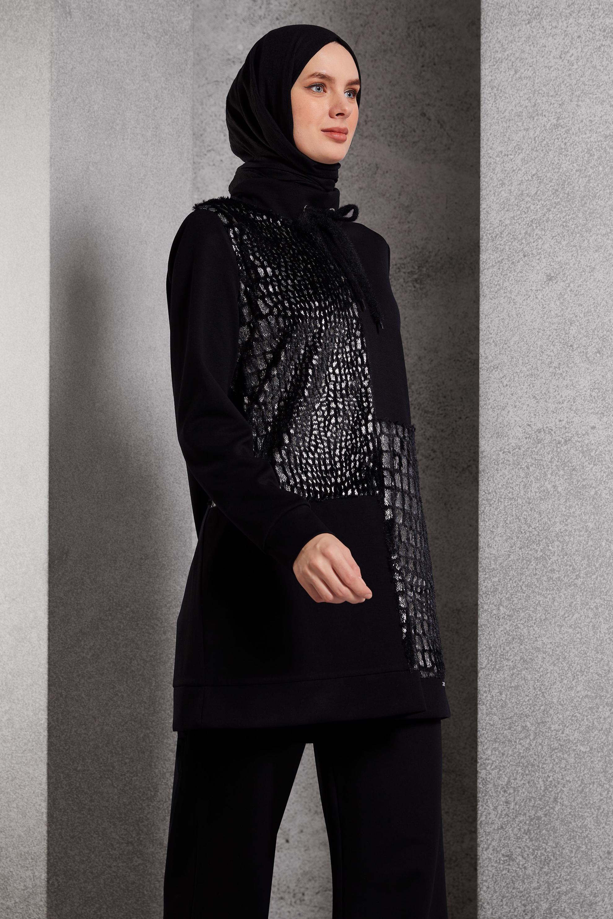 Tesettür giyim SİYAH DESENLİ EŞOFMAN TUNİK 45110