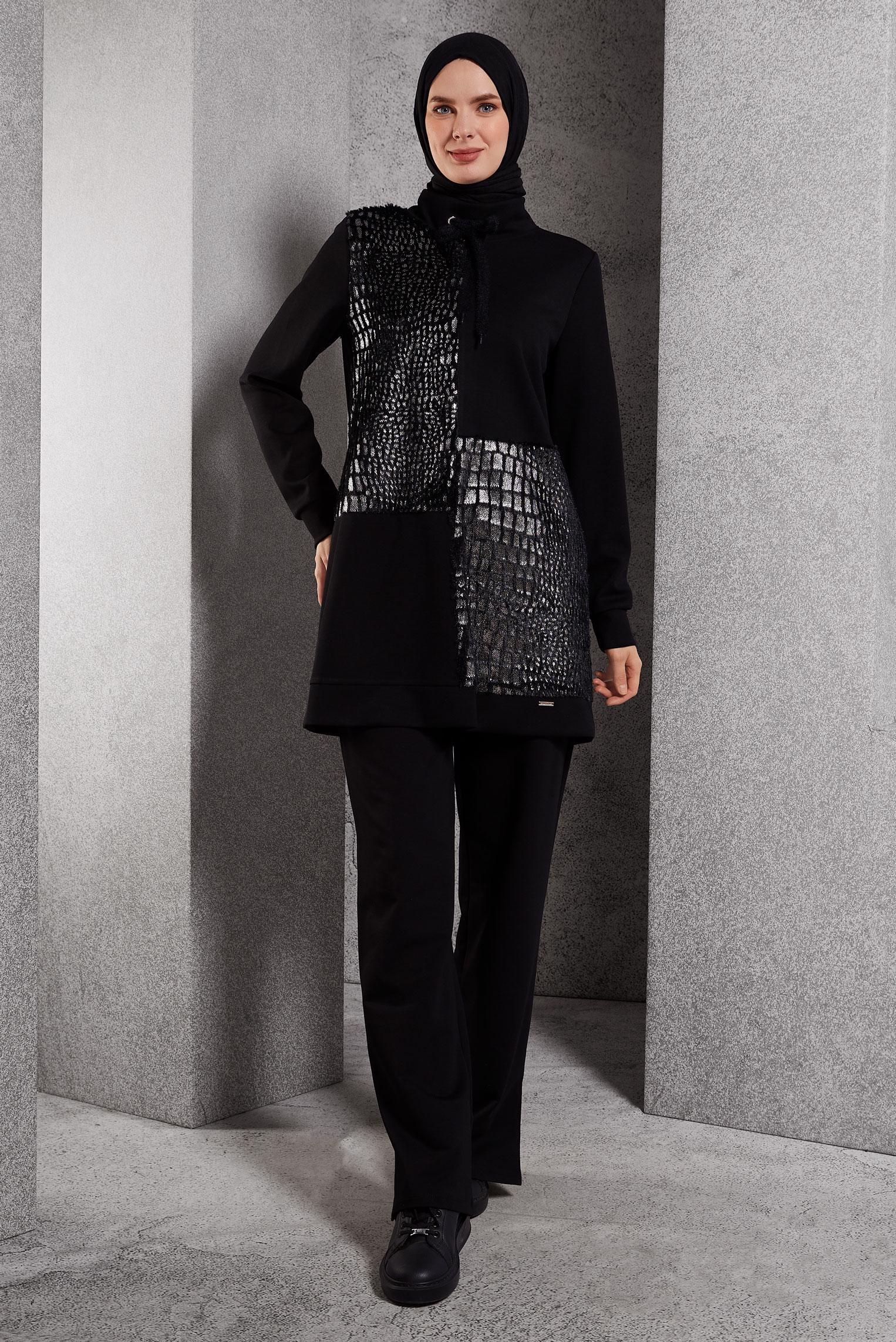 Tesettür giyim SİYAH DESENLİ EŞOFMAN TUNİK 45110