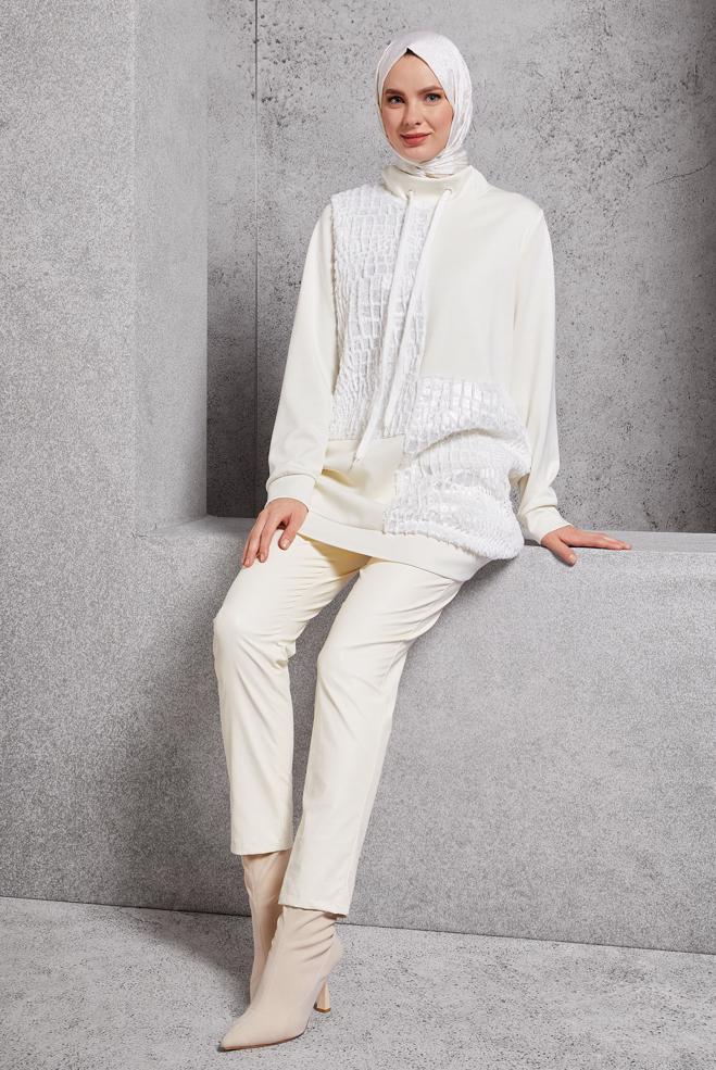 Vêtements hijab BLANC TUNIQUE DE SURVÊTEMENT À MOTIFS 45110 - ALVİNA