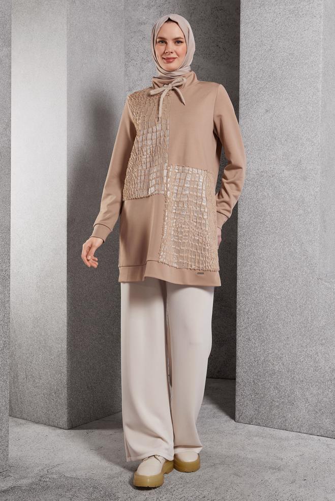 Vêtements hijab BRUN TUNIQUE DE SURVÊTEMENT À MOTIFS 45110 - ALVİNA