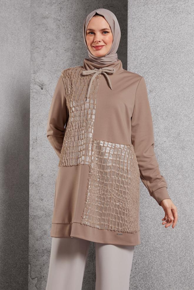 Vêtements hijab BRUN TUNIQUE DE SURVÊTEMENT À MOTIFS 45110 - ALVİNA