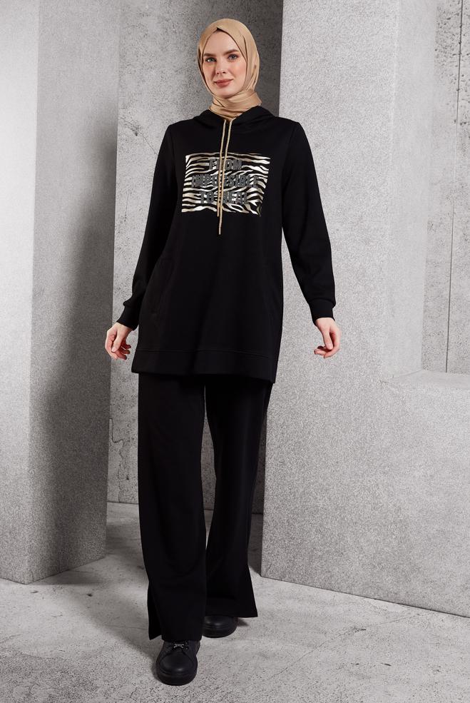 Vêtements hijab NOIR TUNIQUE DE SURVÊTEMENT IMPRIMÉE 45111 - ALVİNA