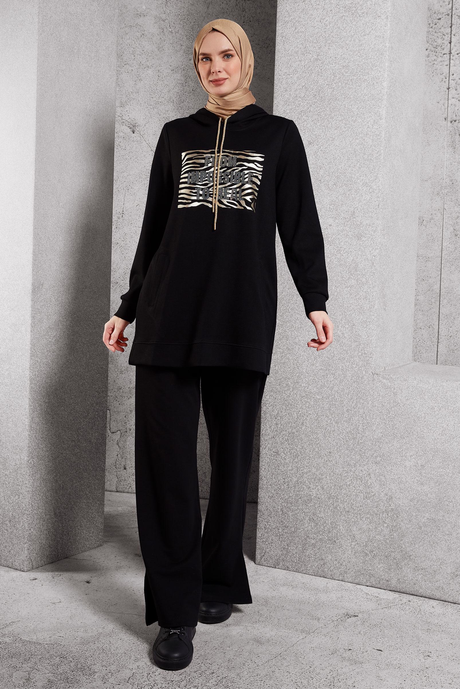 Vêtements hijab NOIR TUNIQUE DE SURVÊTEMENT IMPRIMÉE 45111