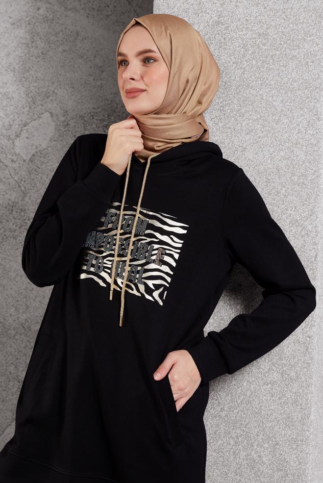 Vêtements hijab NOIR TUNIQUE DE SURVÊTEMENT IMPRIMÉE 45111 - ALVİNA