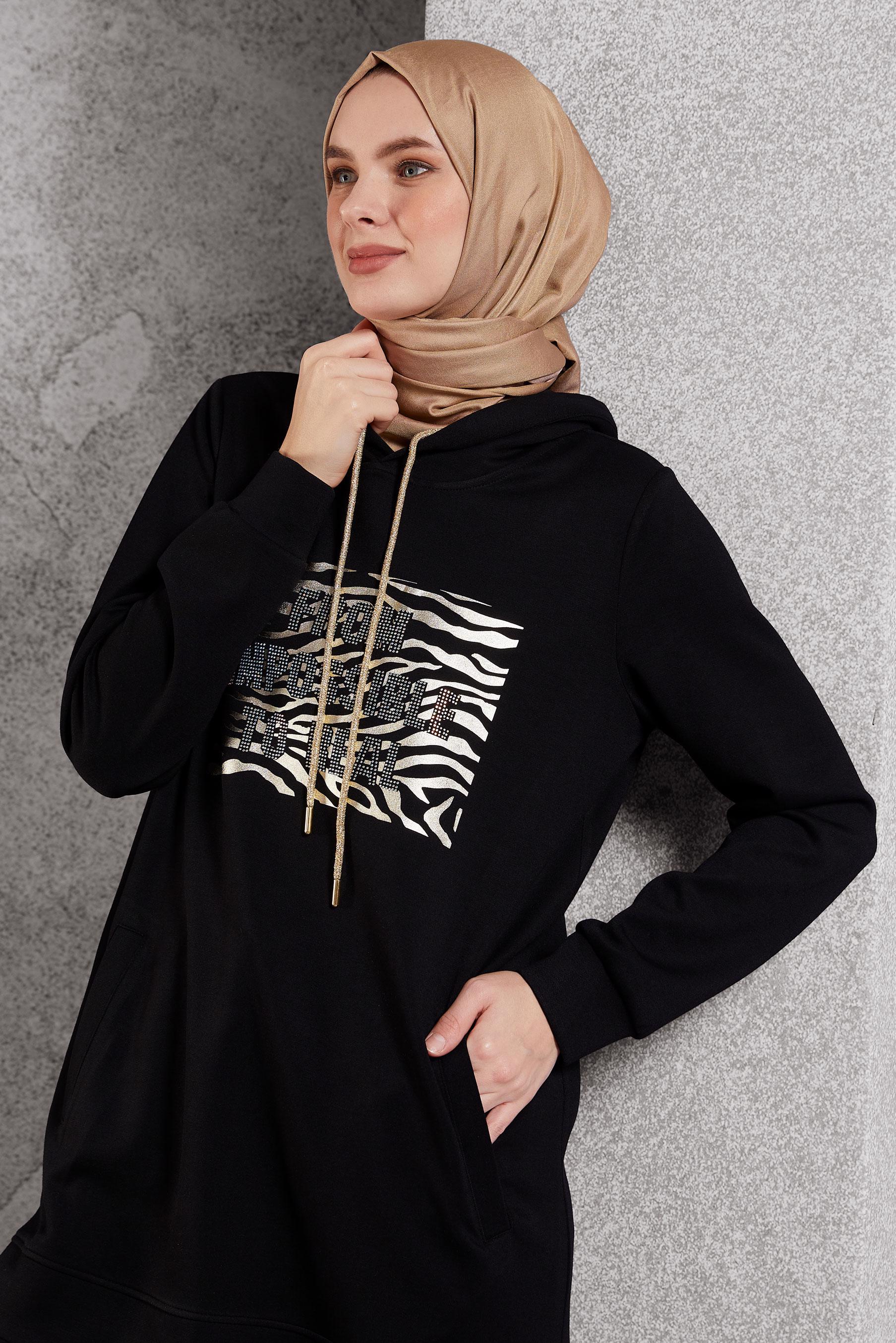 Vêtements hijab NOIR TUNIQUE DE SURVÊTEMENT IMPRIMÉE 45111