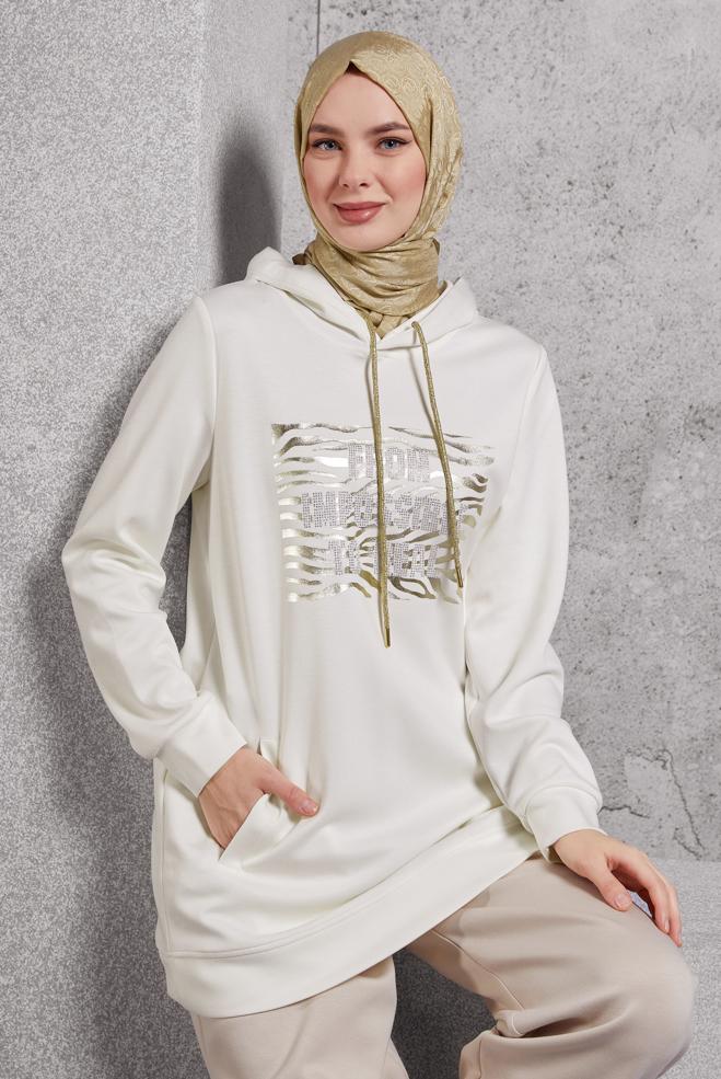 Vêtements hijab BLANC TUNIQUE DE SURVÊTEMENT IMPRIMÉE 45111 - ALVİNA