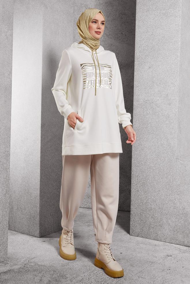 Vêtements hijab BLANC TUNIQUE DE SURVÊTEMENT IMPRIMÉE 45111 - ALVİNA