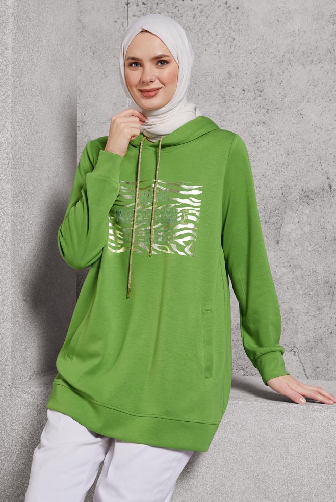 Vêtements hijab VERT TUNIQUE DE SURVÊTEMENT IMPRIMÉE 45111 - ALVİNA