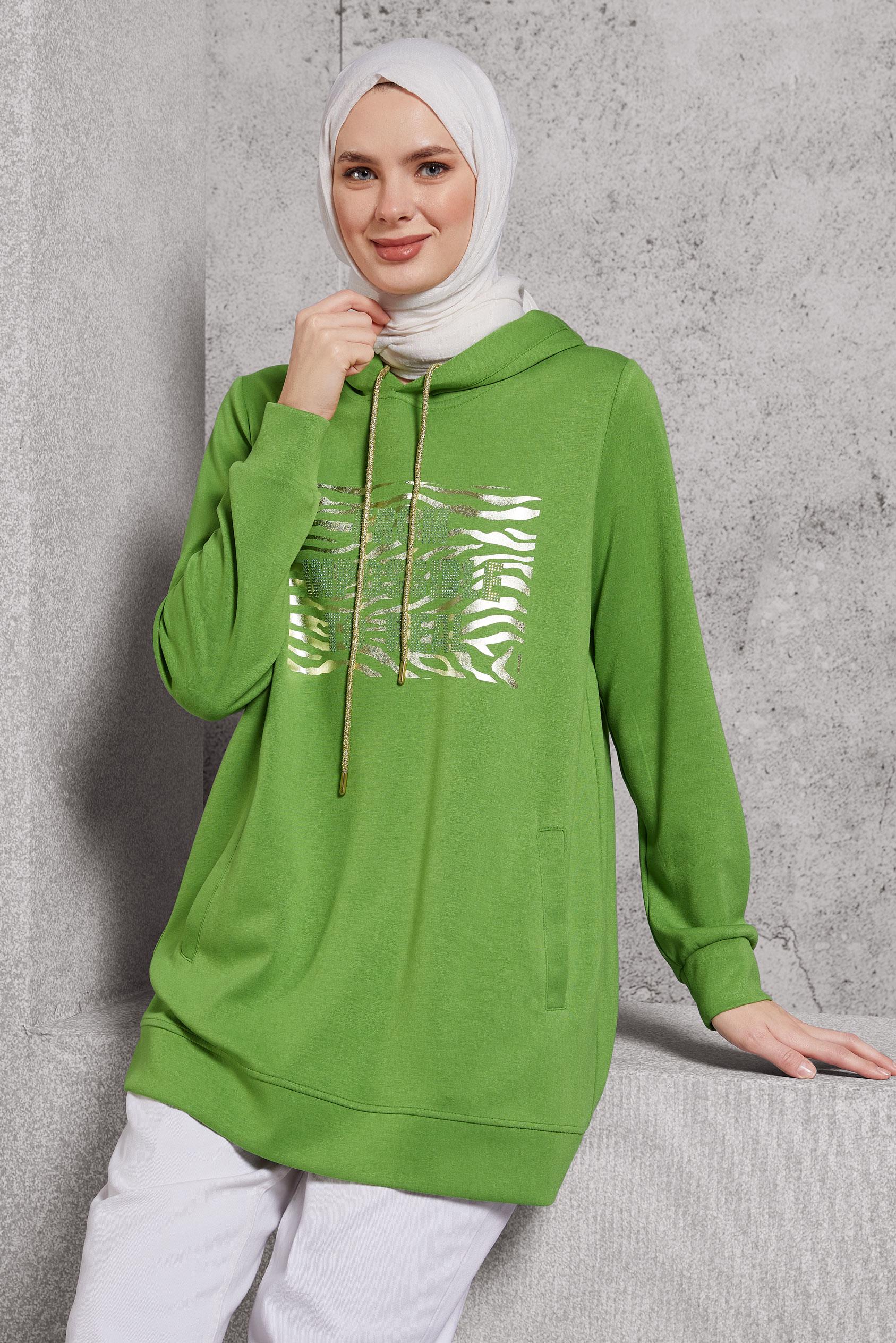 Tesettür giyim YEŞİL BASKILI EŞOFMAN TUNİK 45111