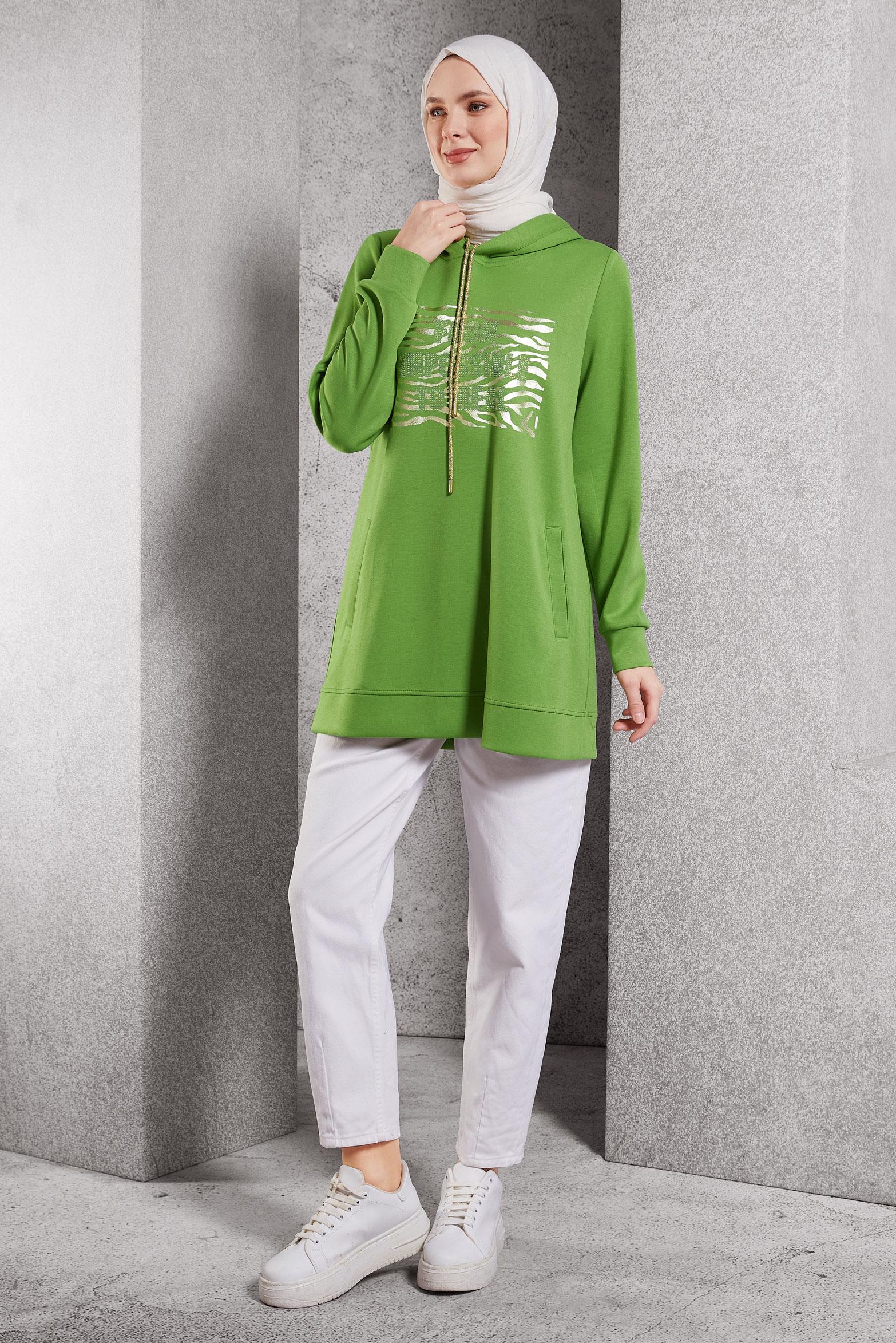 Tesettür giyim YEŞİL BASKILI EŞOFMAN TUNİK 45111