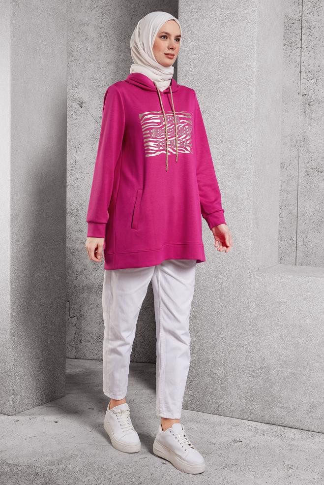 Vêtements hijab FUCHSIA TUNIQUE DE SURVÊTEMENT IMPRIMÉE 45111 - ALVİNA
