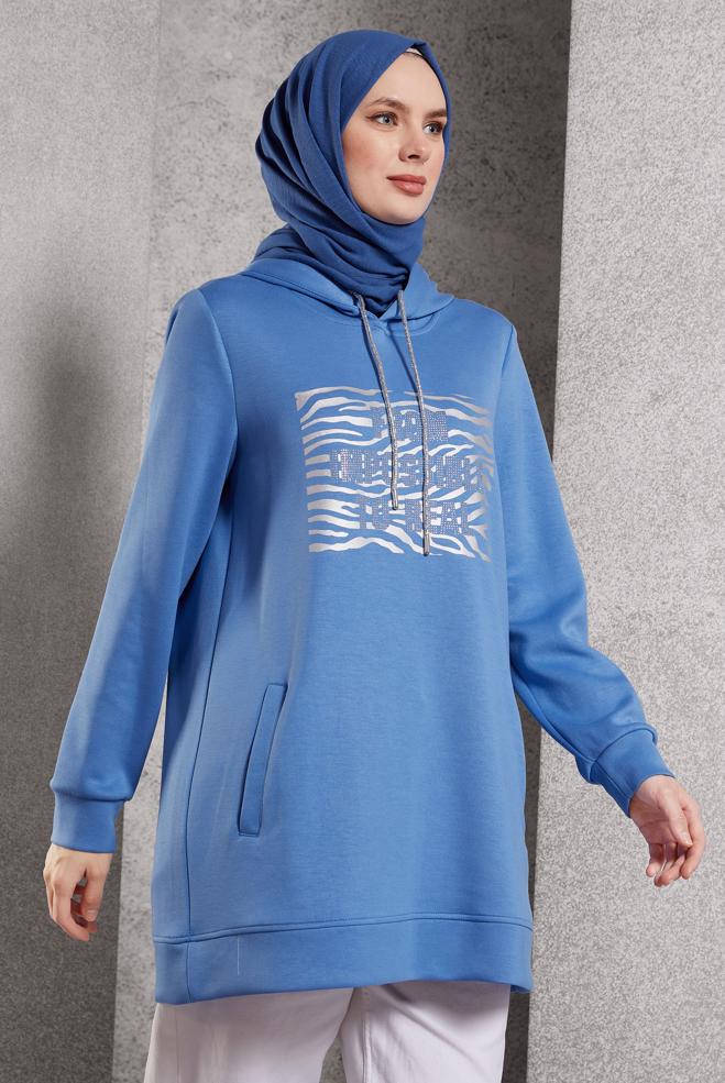 Vêtements hijab BLEU TUNIQUE DE SURVÊTEMENT IMPRIMÉE 45111 - ALVİNA