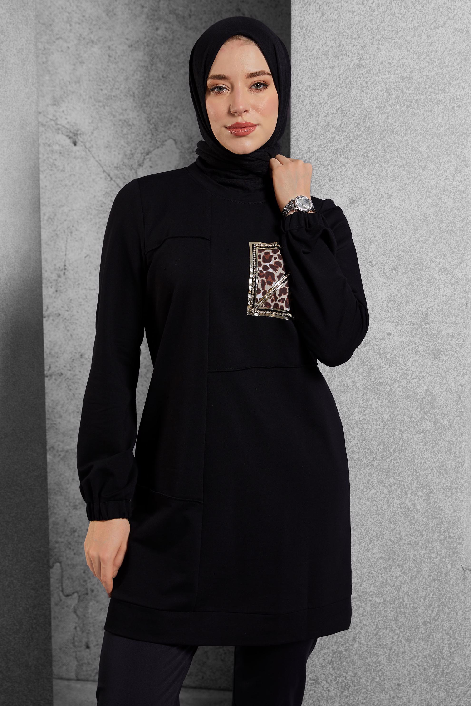 Hijab clothing BLACK PRINTED TRACKSUIT TUNIC 45112
