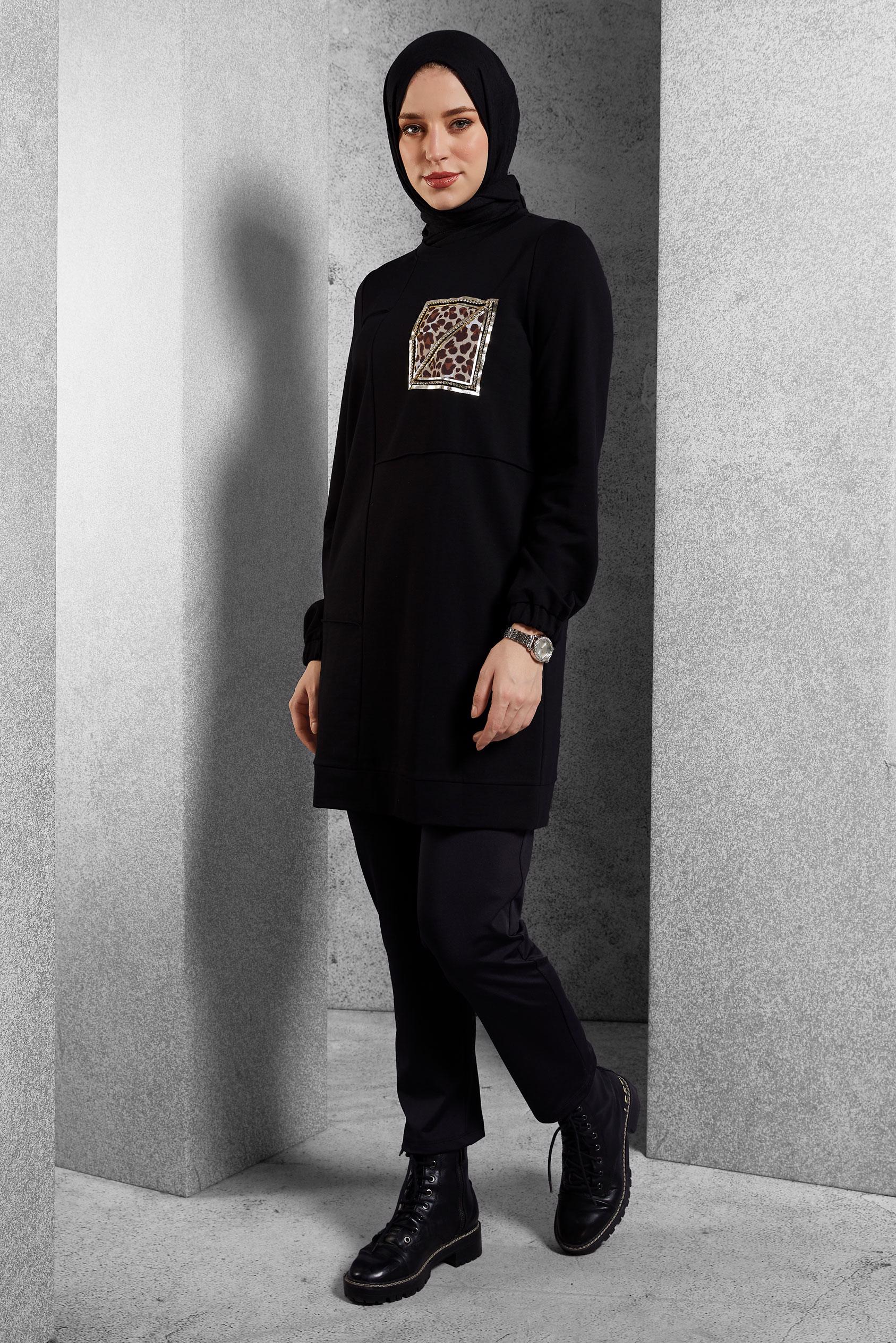 Hijab clothing BLACK PRINTED TRACKSUIT TUNIC 45112