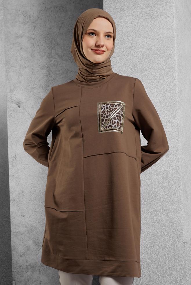 Tesettür giyim KAHVE BASKILI EŞOFMAN TUNİK 45112 - ALVİNA