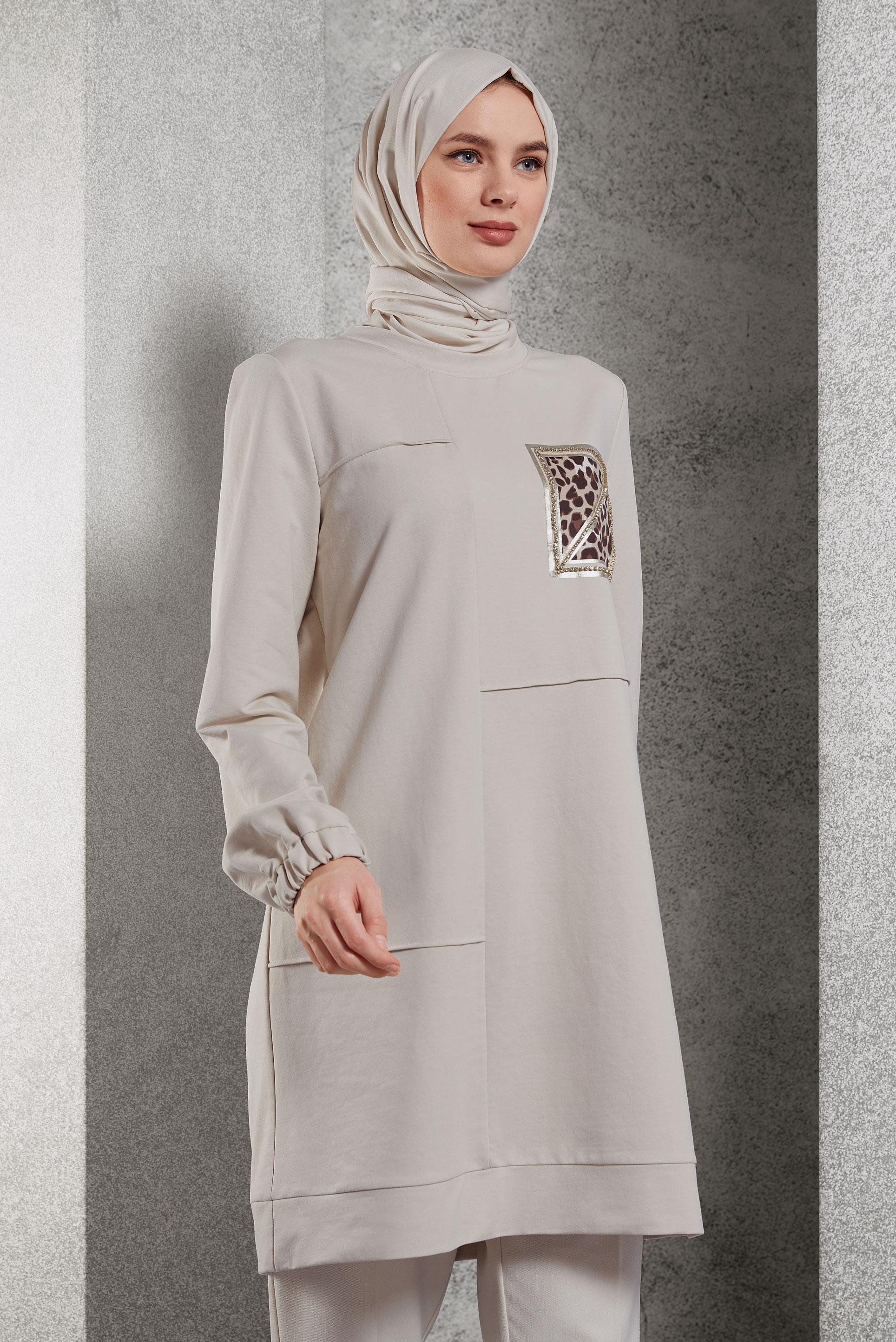 Hijab clothing BEIGE PRINTED TRACKSUIT TUNIC 45112