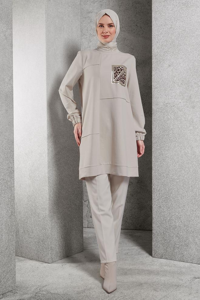 Hijab clothing BEIGE PRINTED TRACKSUIT TUNIC 45112 - ALVİNA