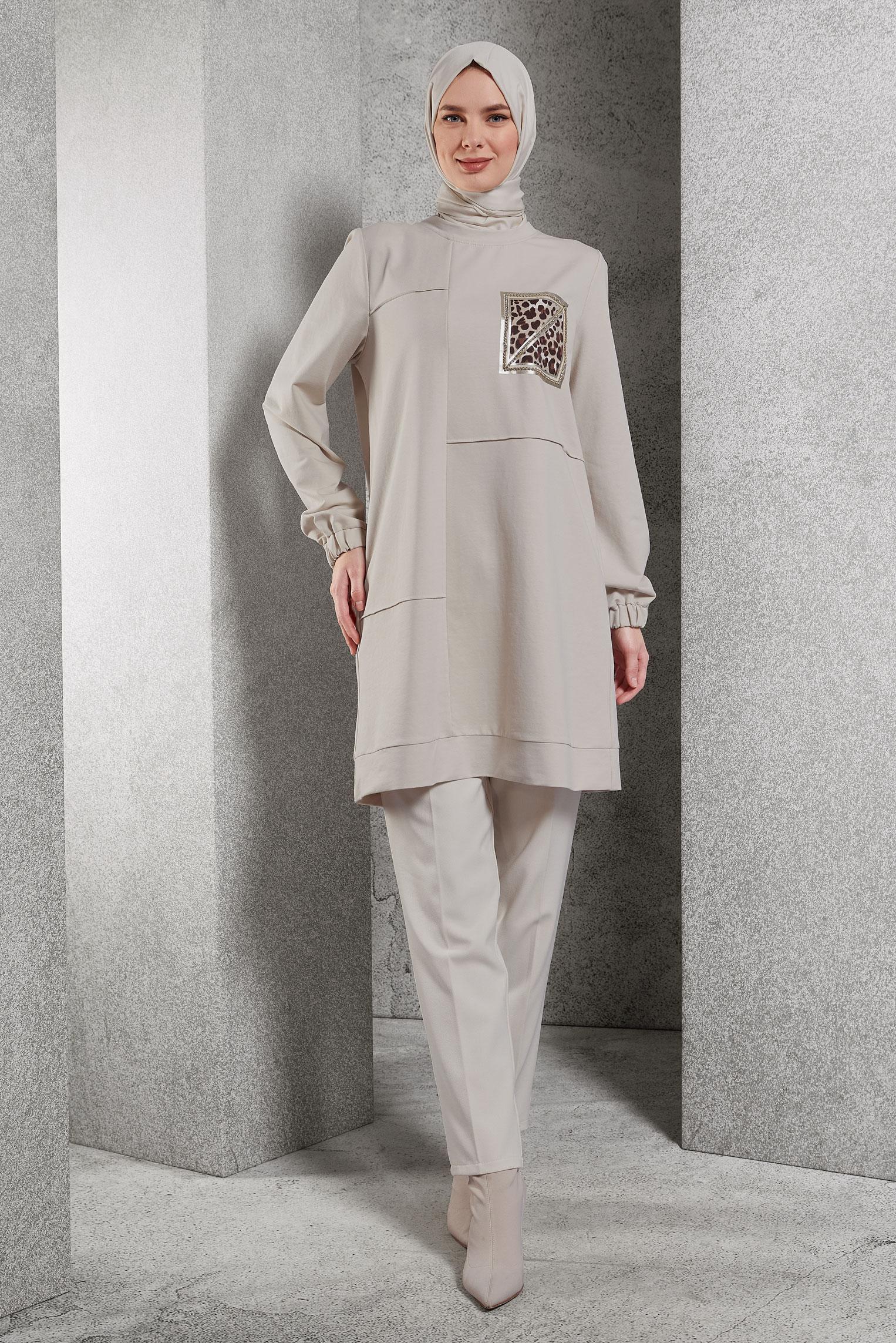 Hijab clothing BEIGE PRINTED TRACKSUIT TUNIC 45112