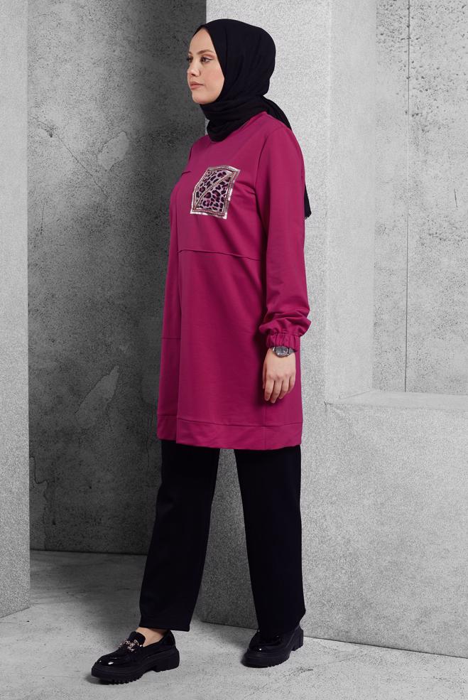 Tesettür giyim FUŞYA BASKILI EŞOFMAN TUNİK 45112 - ALVİNA