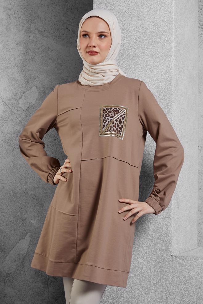 Tesettür giyim VİZON BASKILI EŞOFMAN TUNİK 45112 - ALVİNA