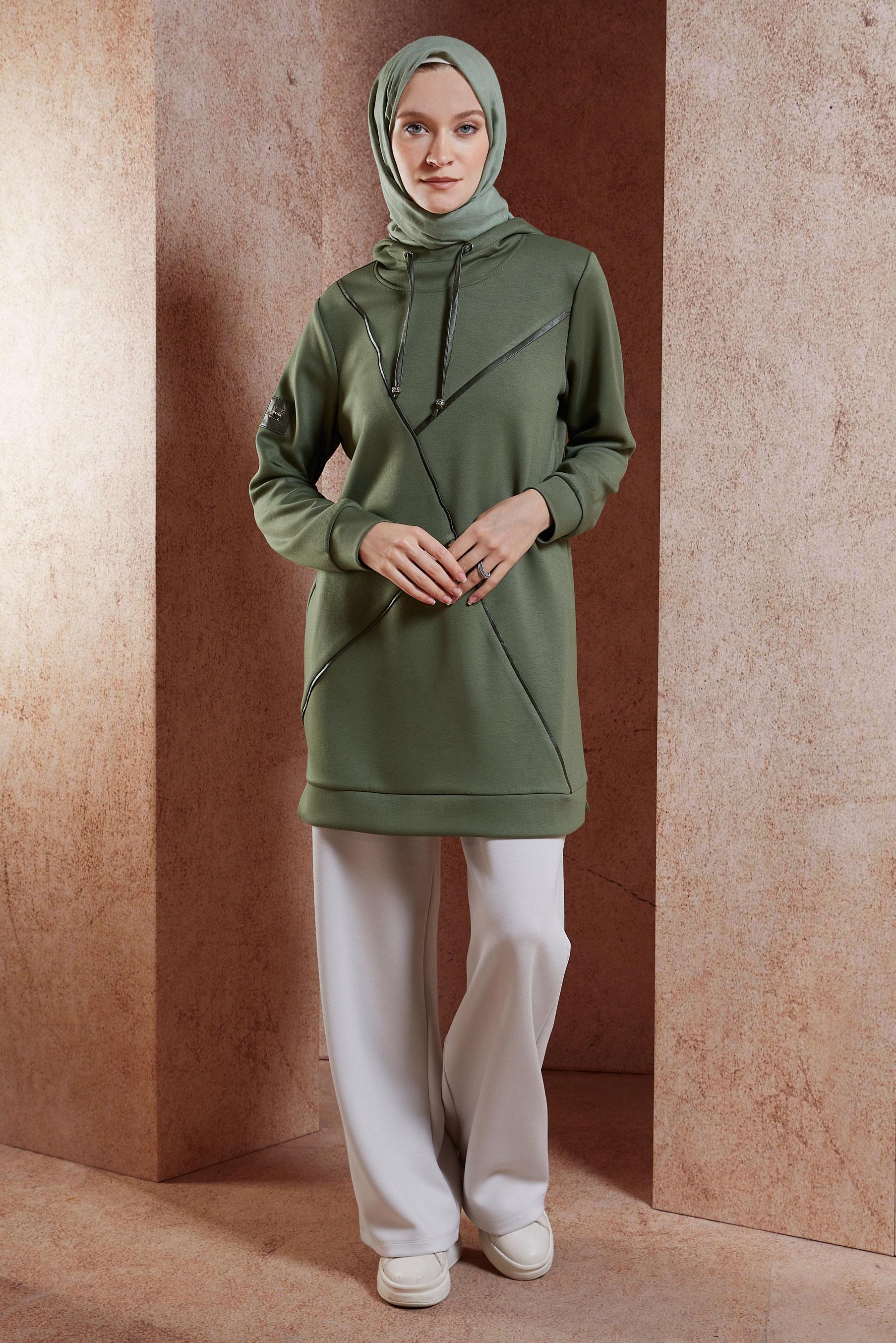 Tesettür giyim HAKİ KAPÜŞONLU EŞOFMAN TUNİK 45113