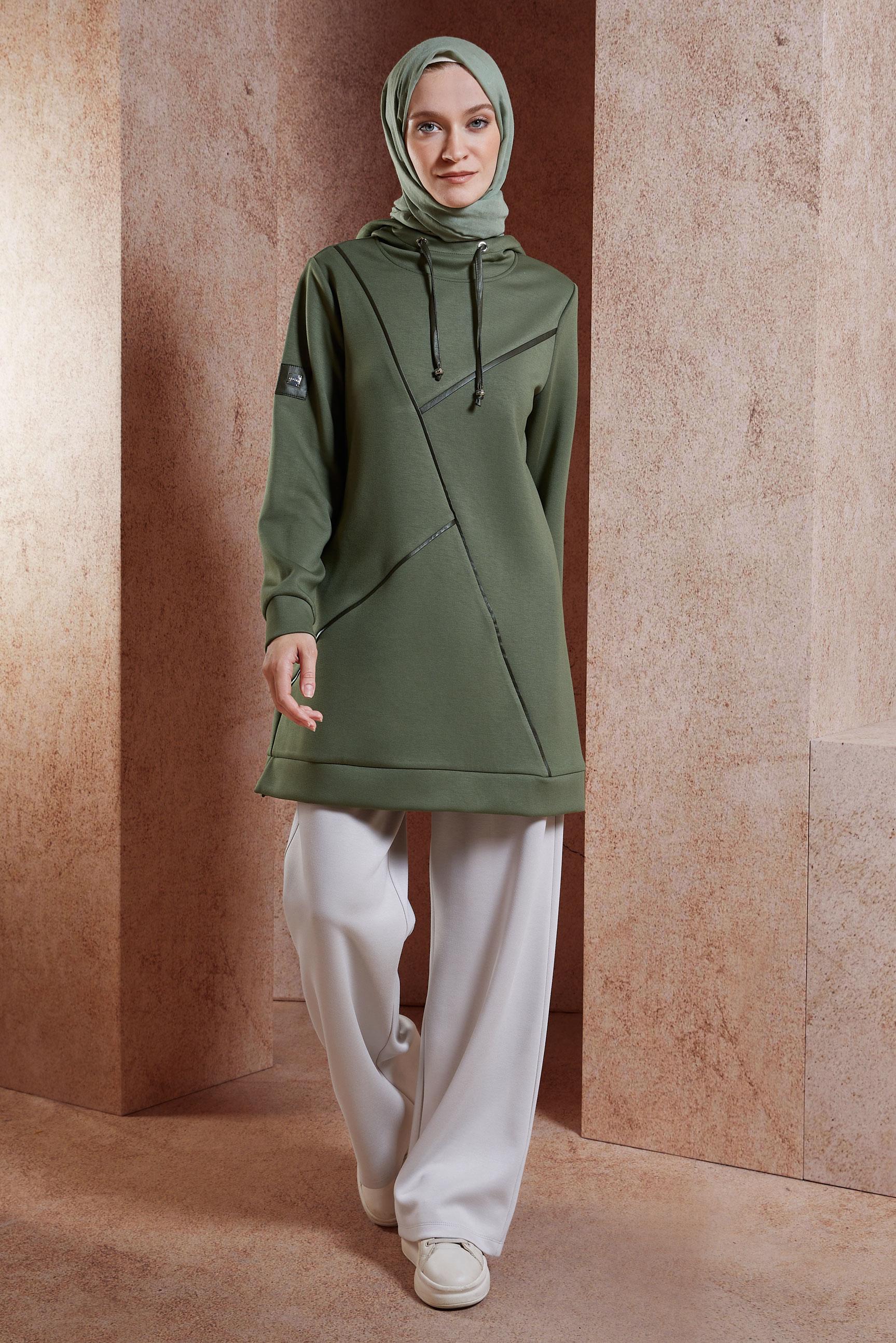 Tesettür giyim HAKİ KAPÜŞONLU EŞOFMAN TUNİK 45113
