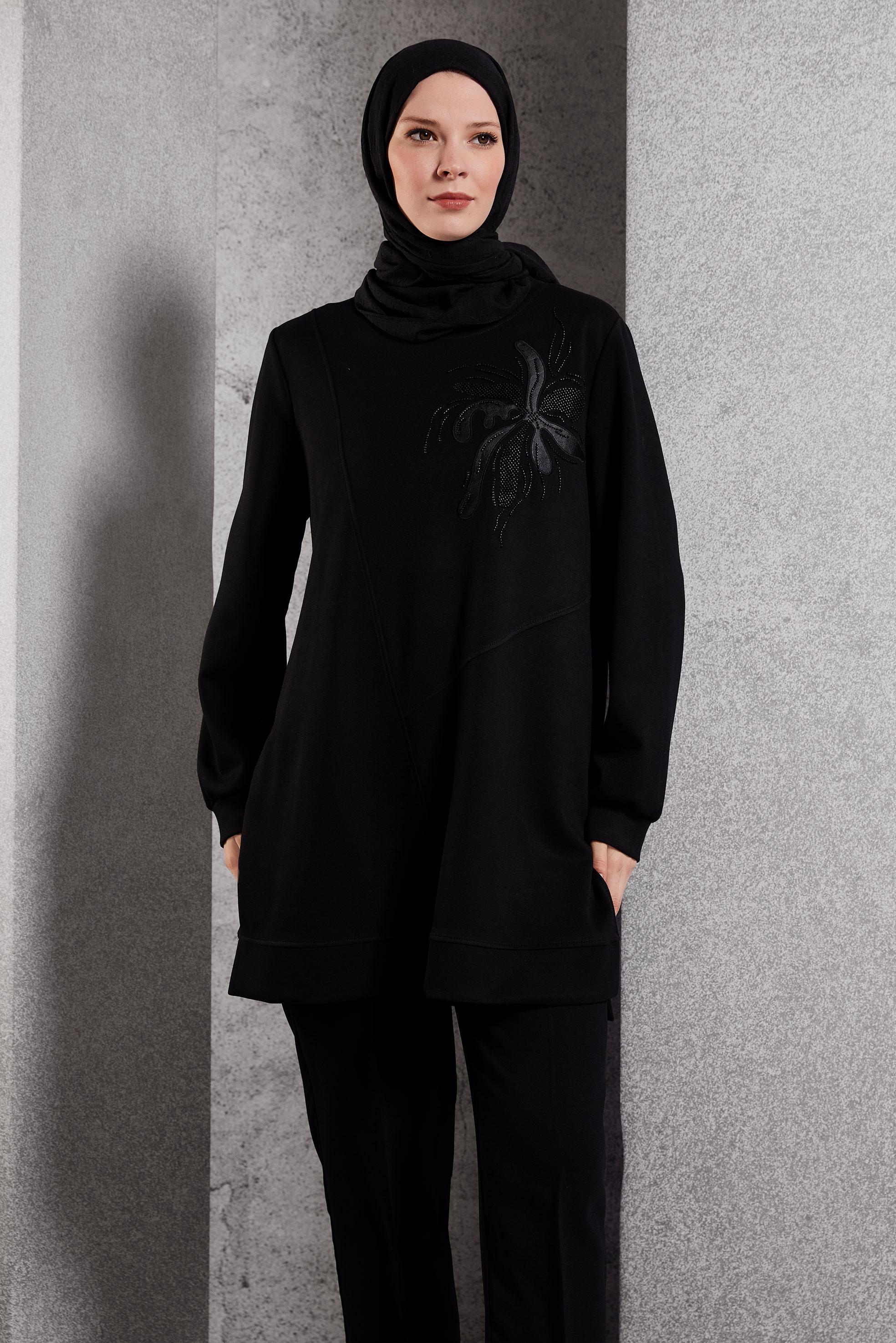 Hijab clothing BLACK PATTERNED TRACKSUIT TUNIC 45114