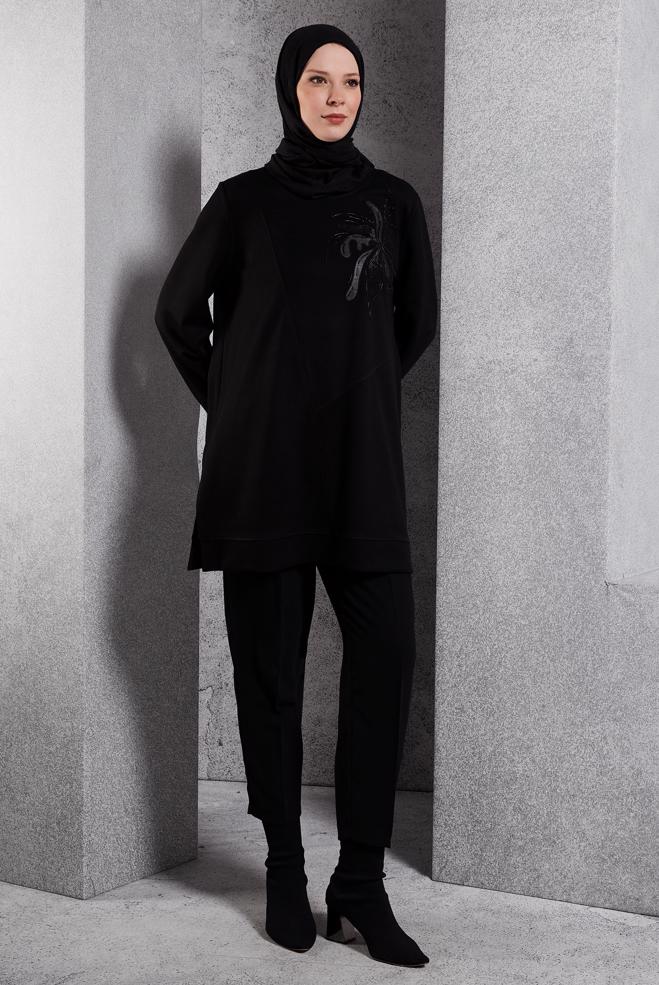 Vêtements hijab NOIR TUNIQUE DE SURVÊTEMENT À MOTIFS 45114 - ALVİNA