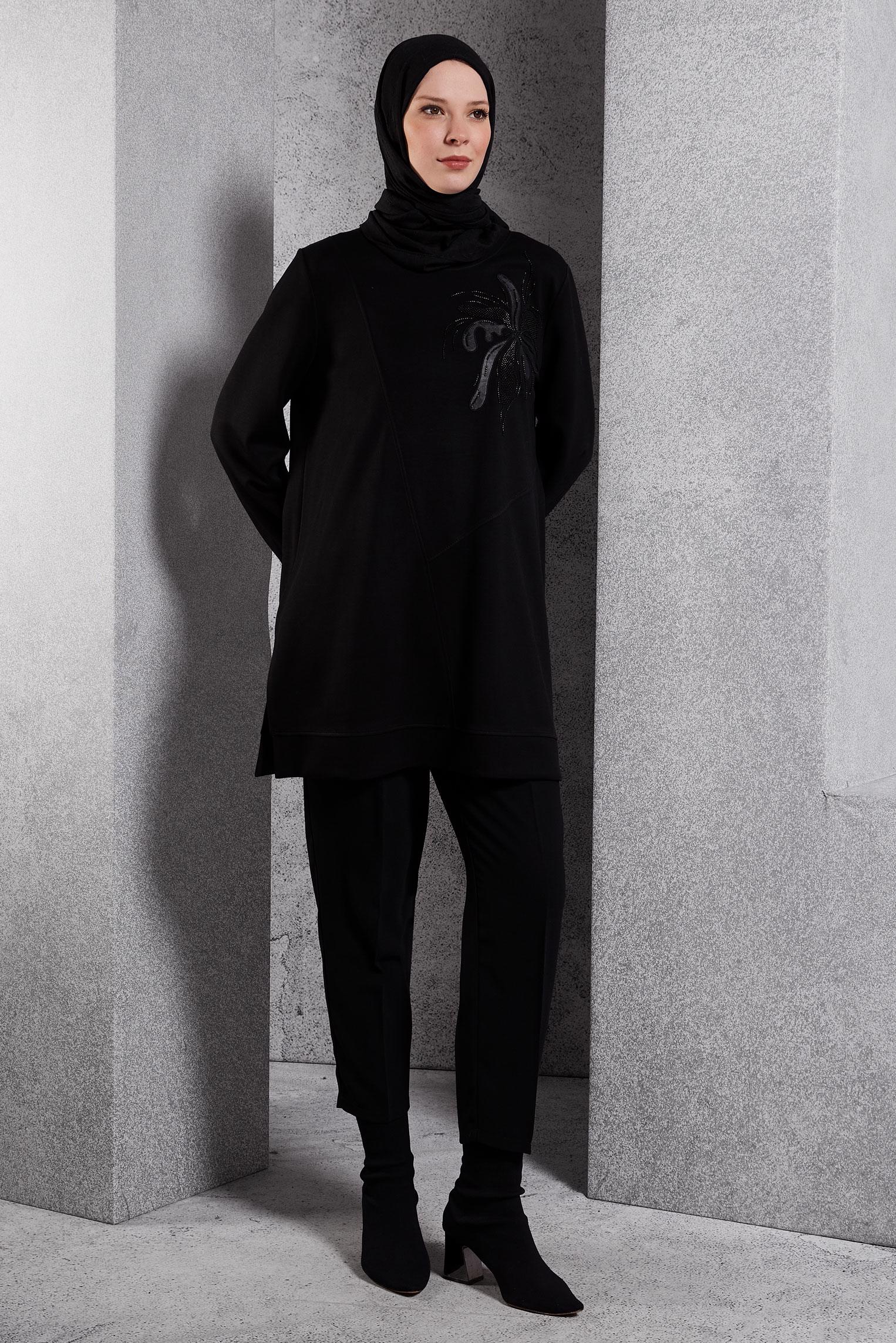 Hijab clothing BLACK PATTERNED TRACKSUIT TUNIC 45114